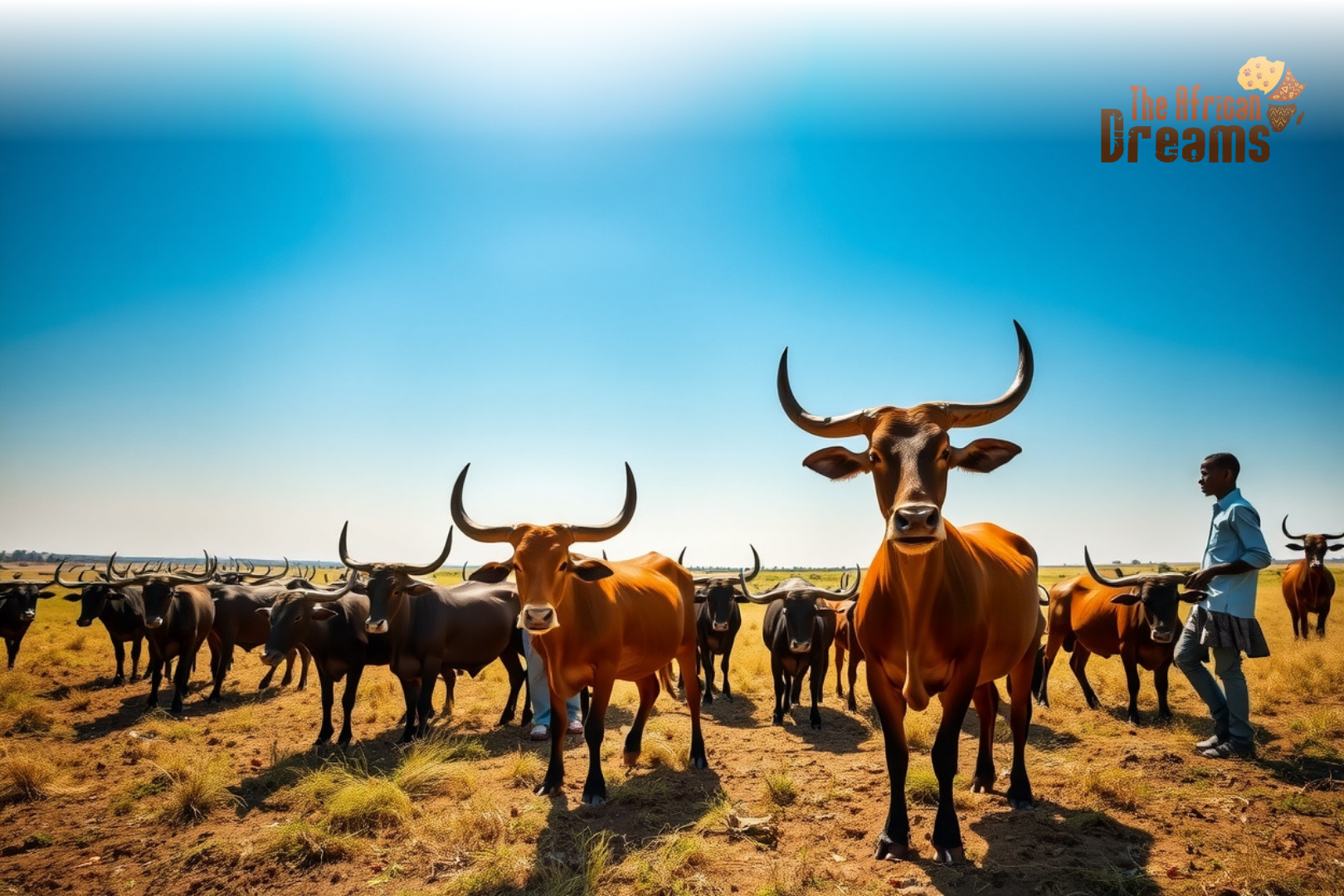 African Dreams Cover Image (40) Ankole cattle grazing on the Ugandan savannah with farmers nearby, symbolizing sustainable indigenous cattle farming and investment opportunities.