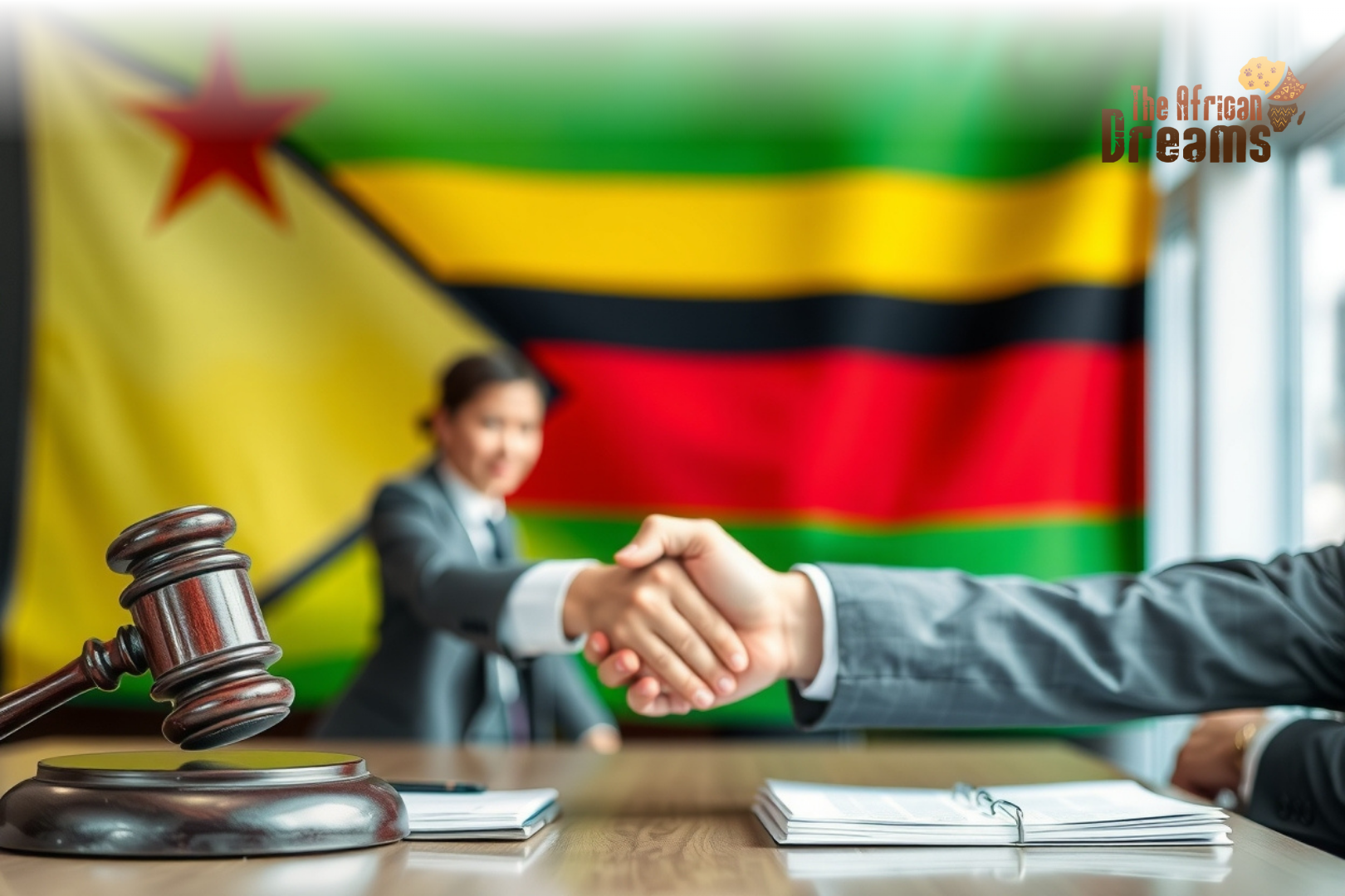 African Dreams Cover Image (41) Business professionals shaking hands across a table with a gavel, legal documents, and the Zimbabwean flag in the background, symbolizing investment dispute resolution and fair arbitration under the ZIDA Act