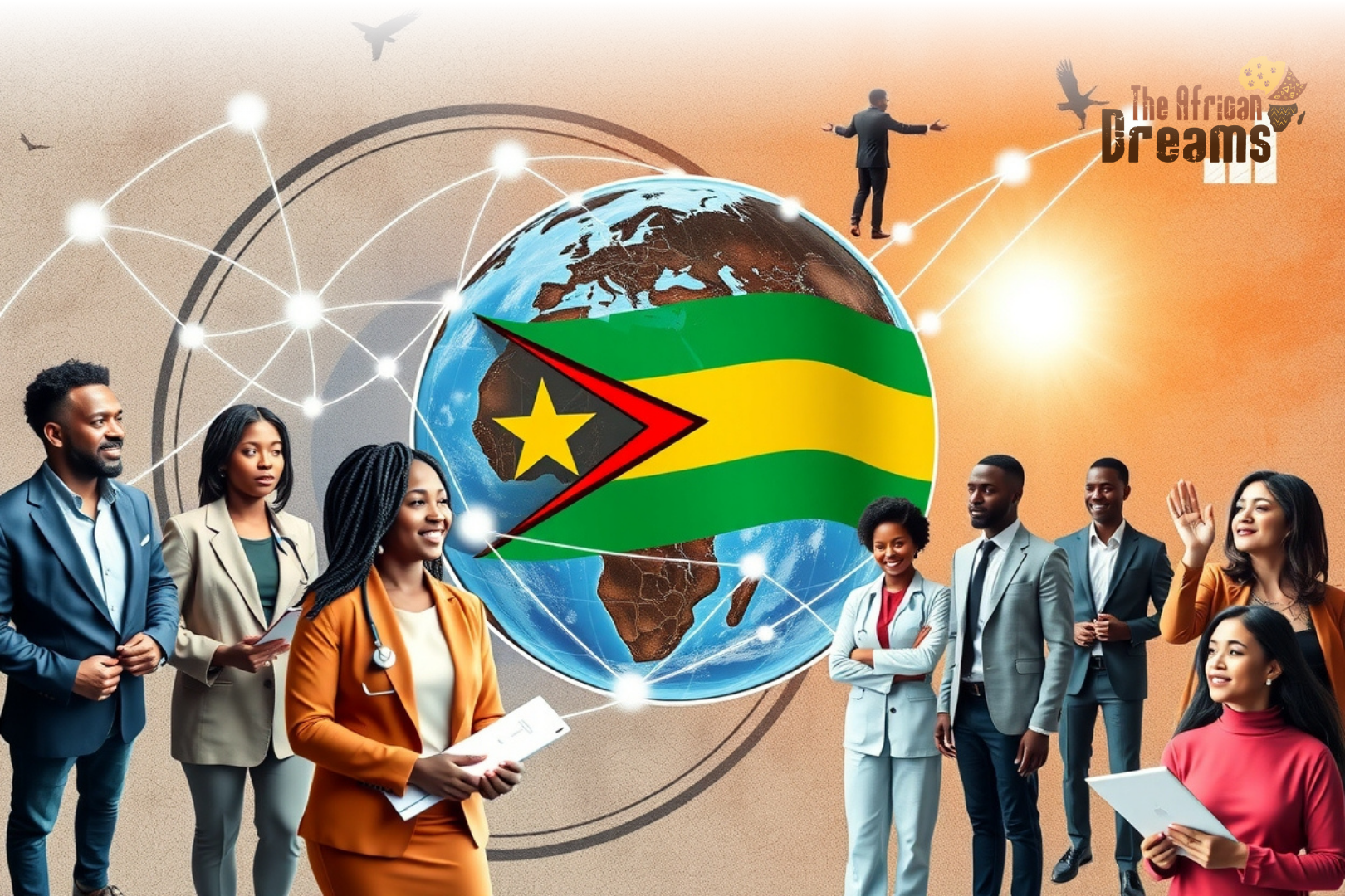 African Dreams Cover Image (42) Zimbabwean professionals abroad connected to their homeland through global networks, representing the diaspora’s role in driving investment, innovation, and national development