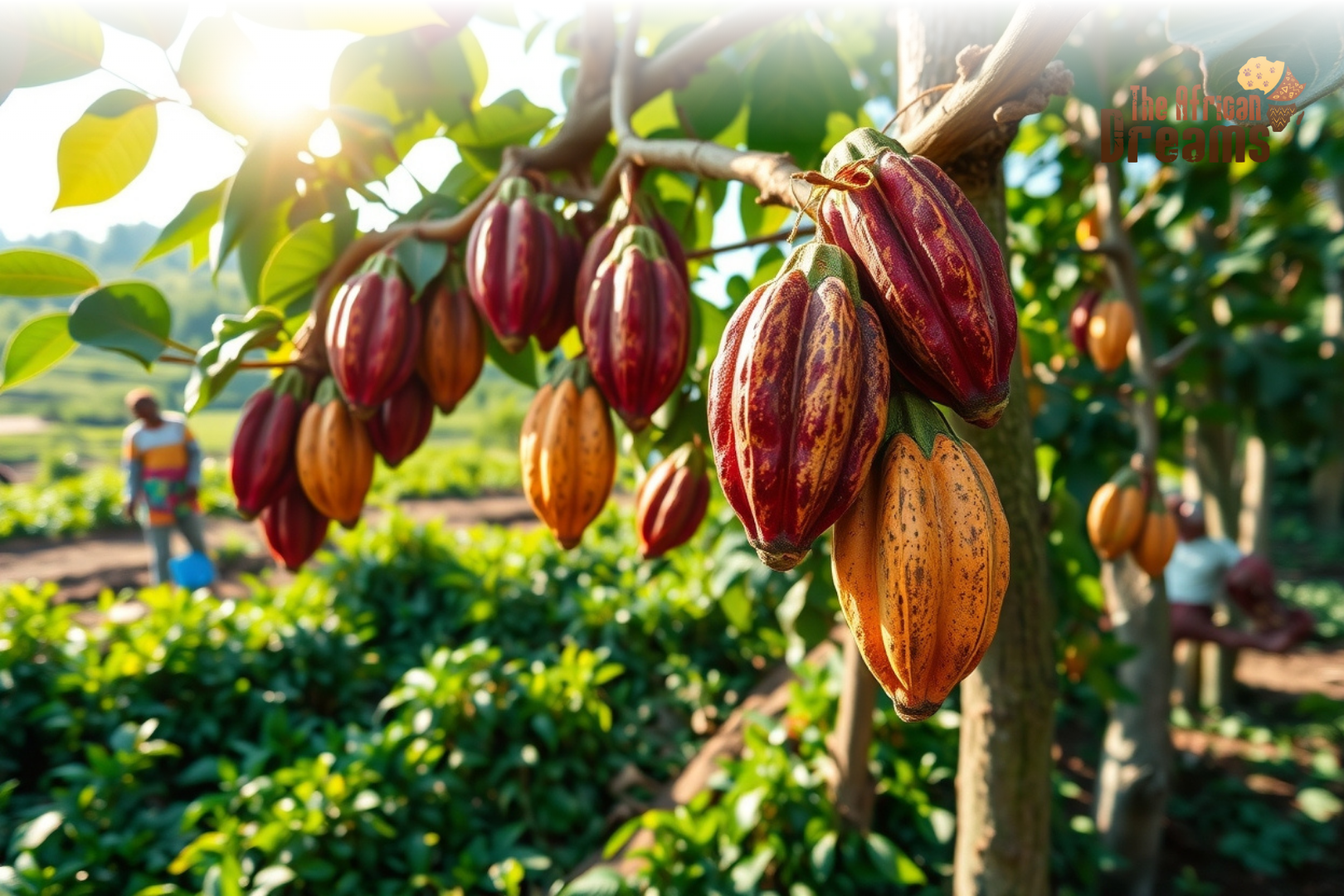 African Dreams Cover Image (44) Liberian farmer harvesting ripe cocoa pods in a lush tropical plantation, representing sustainable agriculture and investment opportunities in Liberia’s cocoa sector.