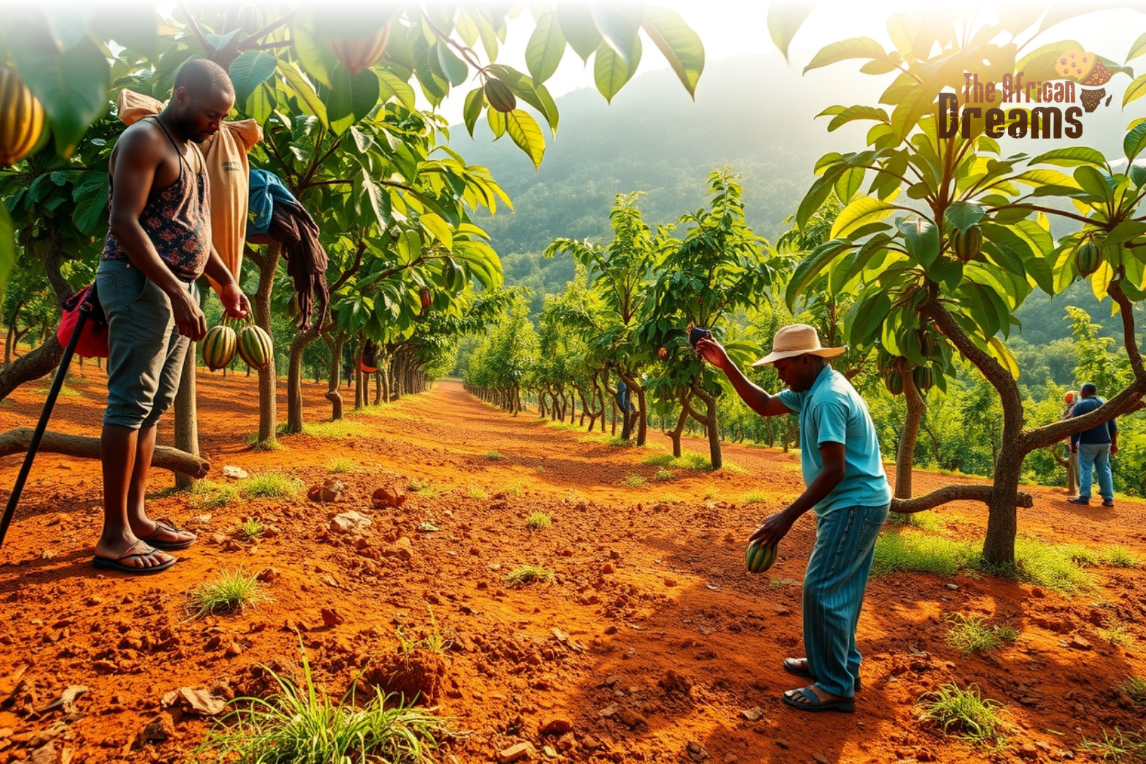 African Dreams Cover Image (45) Cameroonian farmers harvesting ripe cocoa pods in a lush tropical plantation, symbolizing sustainable cocoa farming and agricultural investment opportunities in Cameroon.