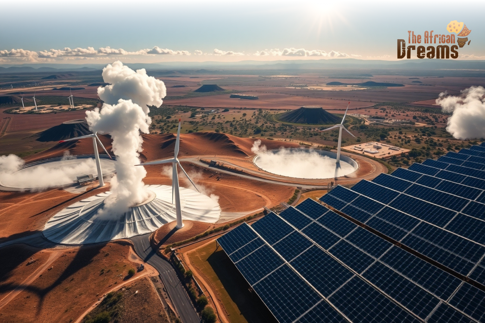 African Dreams Cover Image (47) Aerial view of Kenya’s renewable energy projects including geothermal plants, wind turbines, and solar farms set against a scenic landscape.