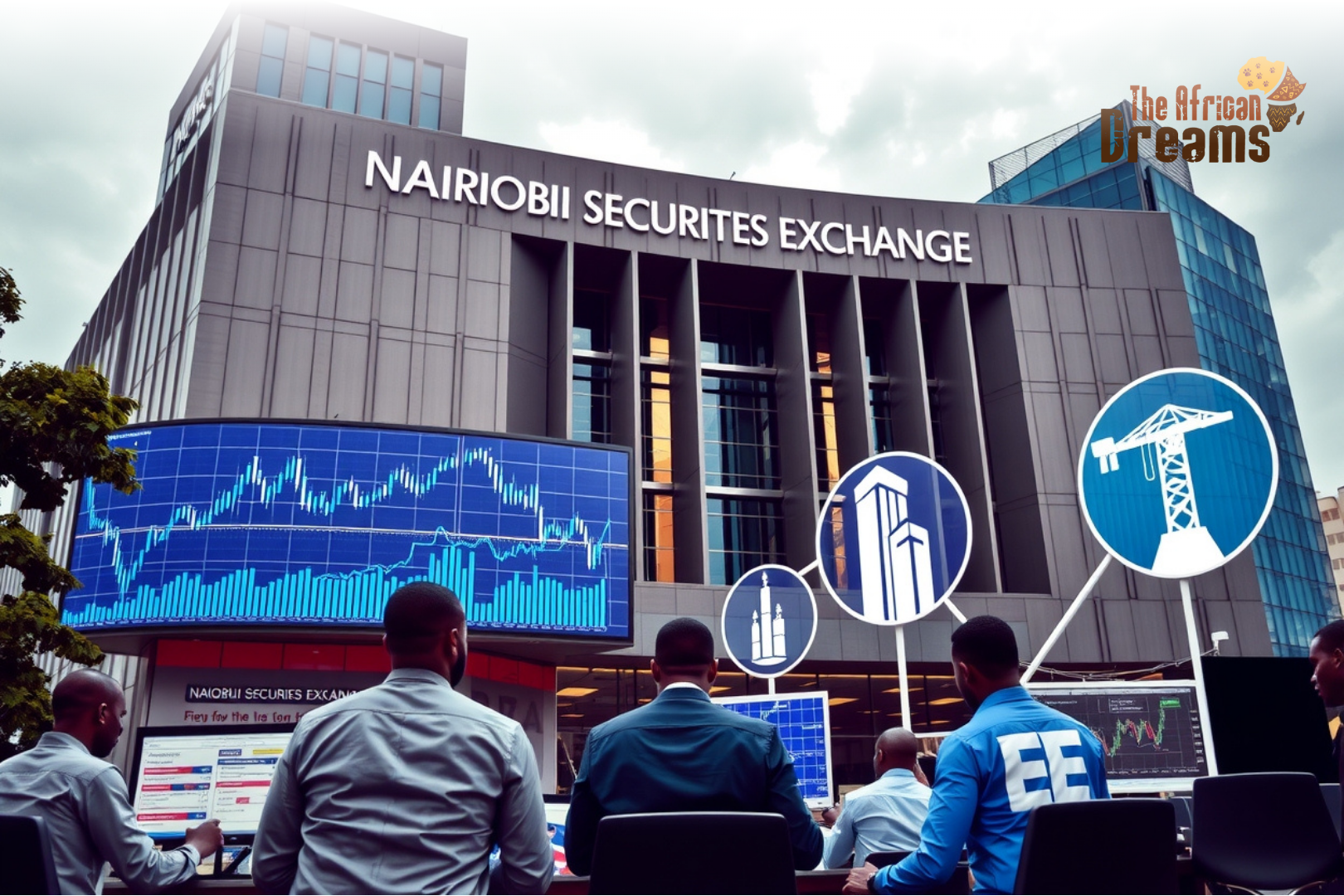African Dreams Cover Image (48) Digital stock charts and Nairobi city skyline representing Kenya’s stock market growth and leading investment sectors in 2025