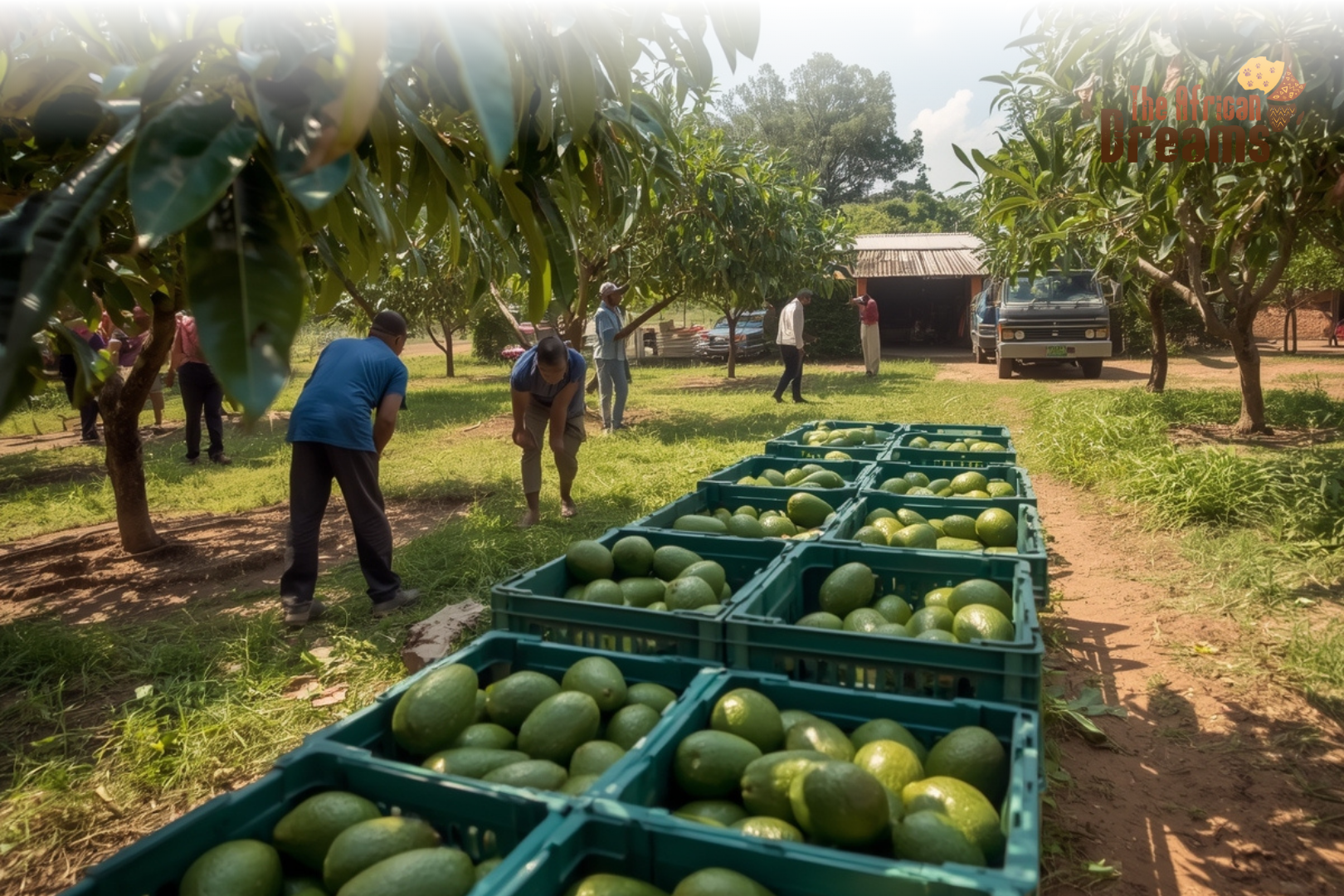 Ugandan farmers harvesting Hass avocados in green orchards with crates ready for export, representing Uganda’s growing avocado industry and export potential.