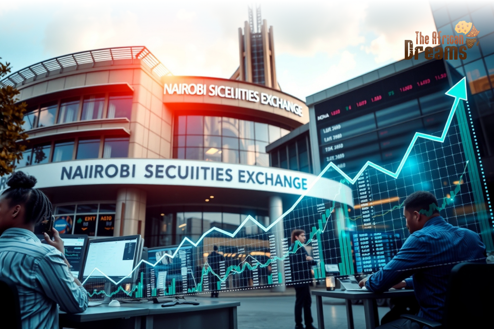 Nairobi cityscape with the Nairobi Securities Exchange building and digital stock charts representing Kenya’s growing stock market and investment opportunities for beginners