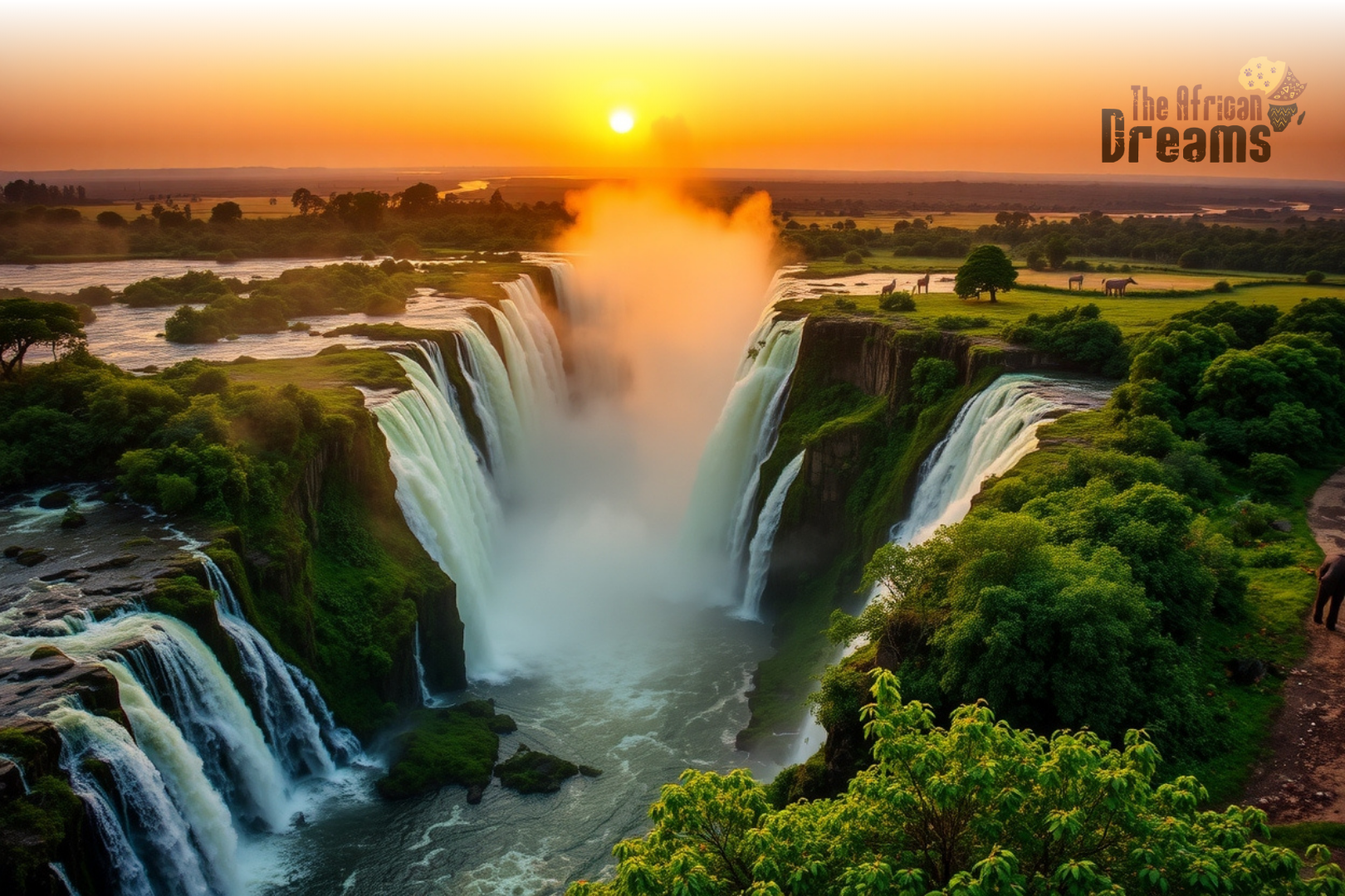 African Dreams Cover Image (51) Panoramic view of Victoria Falls in Zimbabwe with mist, lush greenery, and wildlife at sunset.