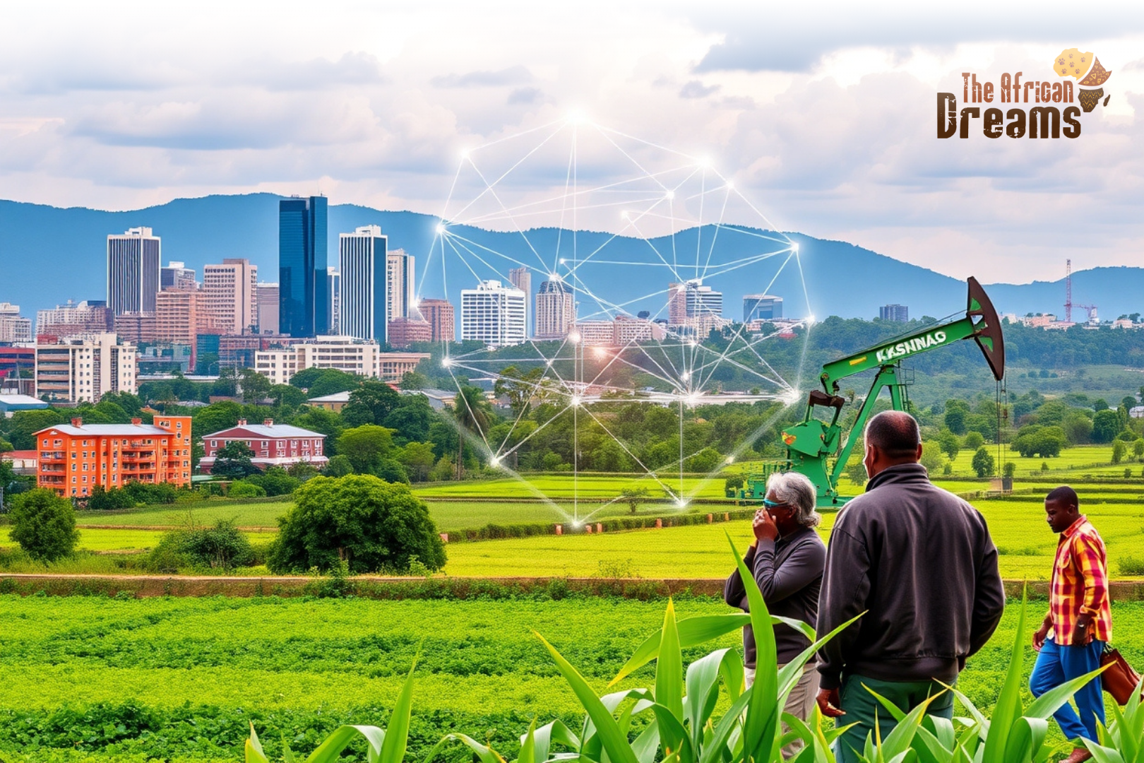 African Dreams Cover Image (52) Kampala skyline with farmers, digital connections, tourists, and oil rigs showing Uganda’s growth in agriculture, ICT, tourism, and mining as a rising investment hub.