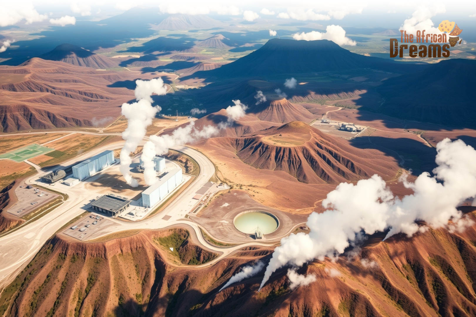 African Dreams Cover Image (54) Aerial view of geothermal power plants in Kenya’s Rift Valley producing clean renewable energy surrounded by natural landscapes.