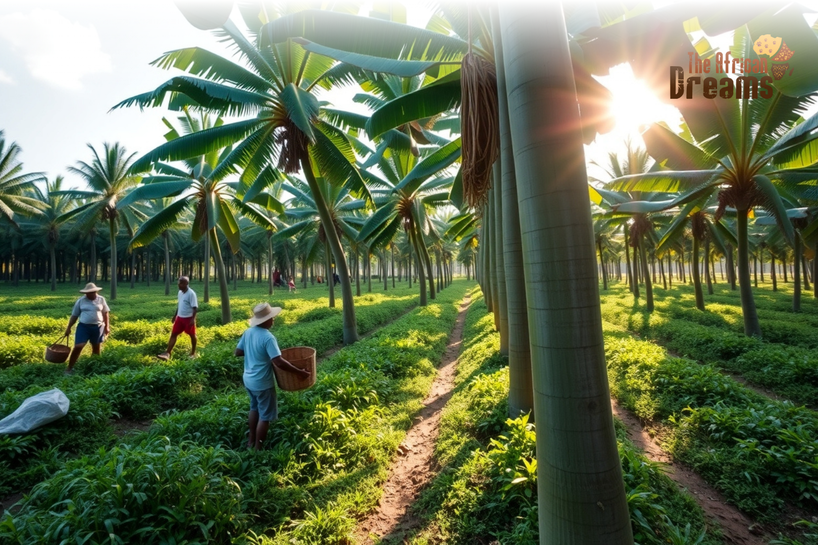 African Dreams Cover Image (6) Liberian workers collecting latex from rubber trees in a green tropical plantation, symbolizing Liberia’s leadership in natural rubber production and investment opportunities in the rubber industry
