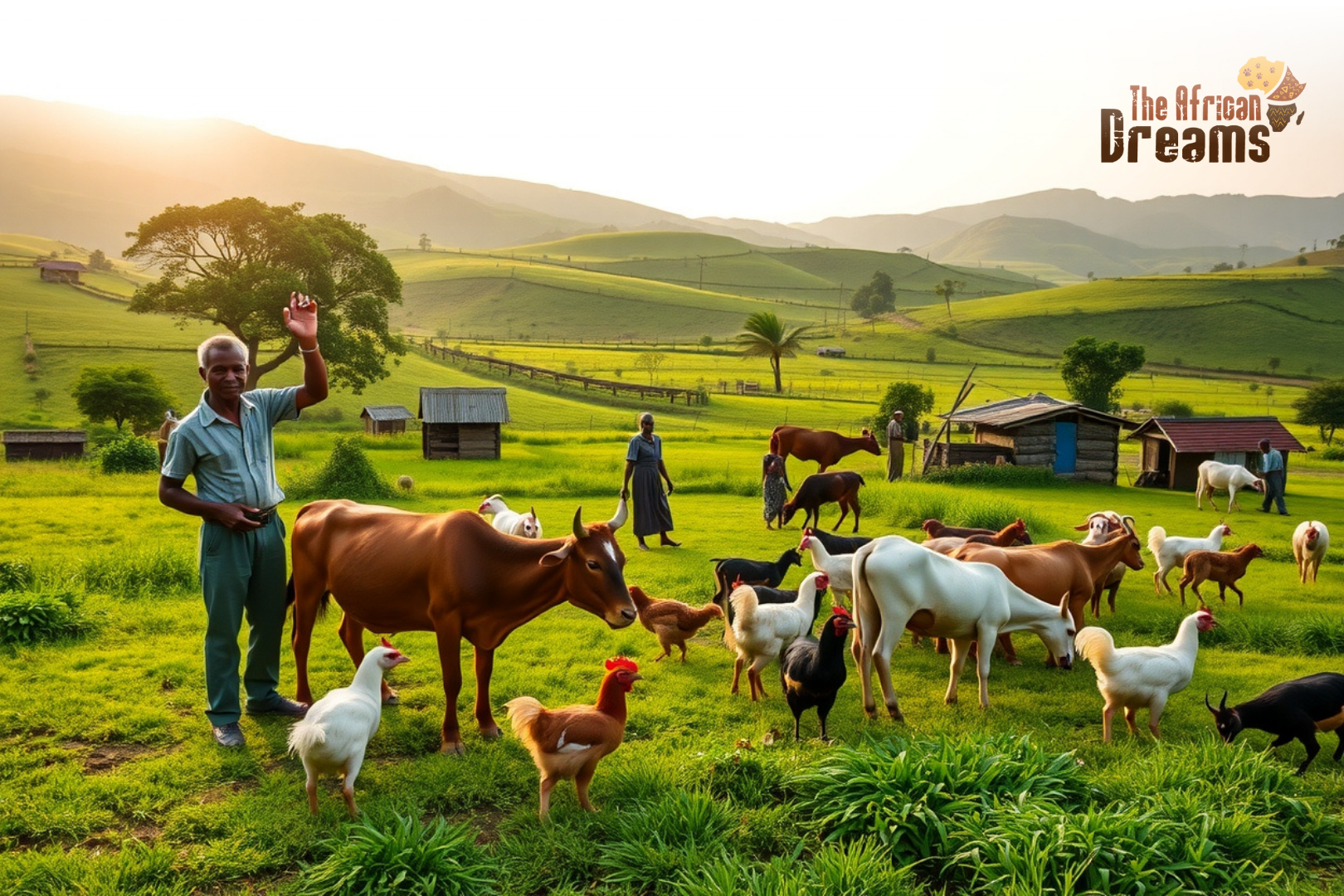 African Dreams Cover Image (7) Rural farmers in Burundi tending cattle, goats, and chickens on a green hillside under warm morning light, symbolizing hope and economic growth through livestock farming