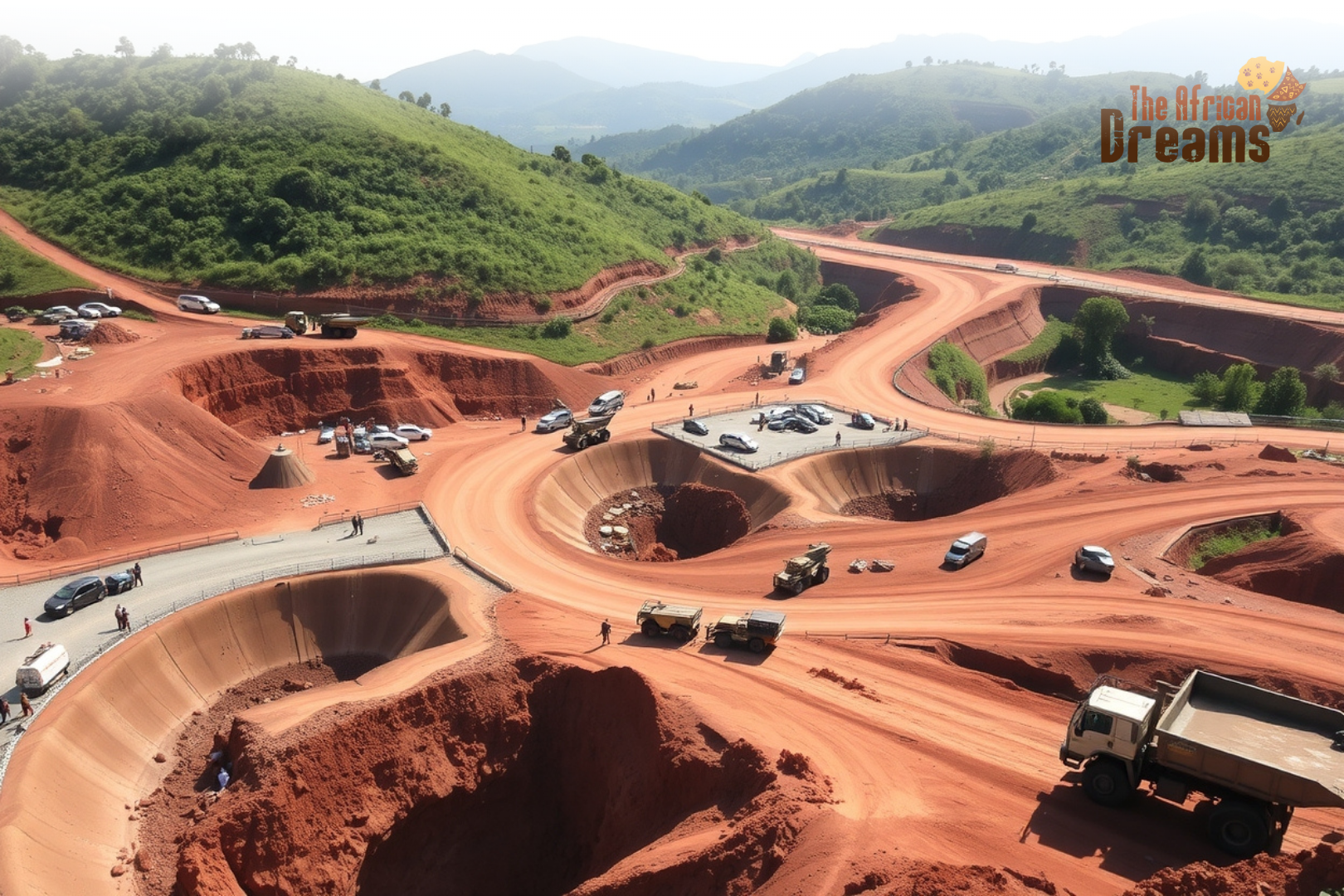 African Dreams Cover Image (8) A panoramic view of a mining site in Sierra Leone showing miners working in open pits surrounded by tropical green hills, red soil, and machinery, representing the country’s rich mineral resources and growing mining industry