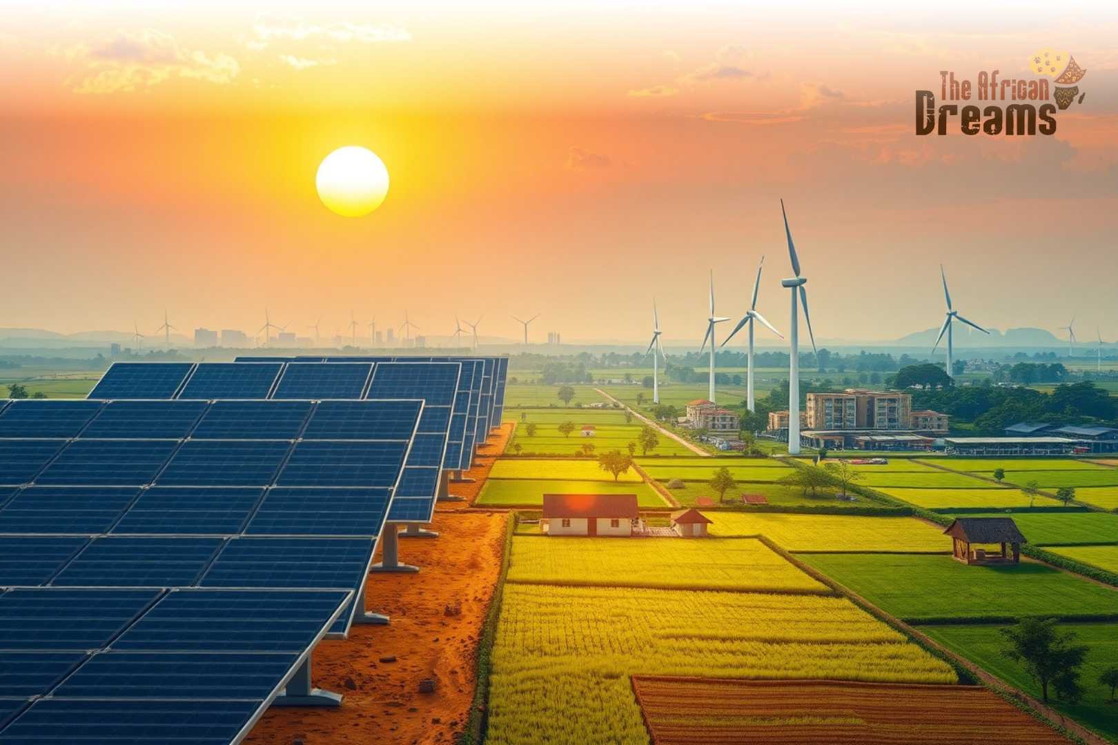 African Dreams Cover Image (9) A bright Nigerian landscape featuring solar panels and wind turbines under a golden sunrise, with green fields, small rural homes, and a distant modern city skyline, symbolizing Nigeria’s shift toward renewable energy and sustainable development.