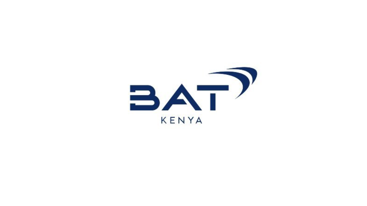 BAT Kenya logo with bold blue text and a swoosh design  BAT Kenya logo with bold blue text and a swoosh design