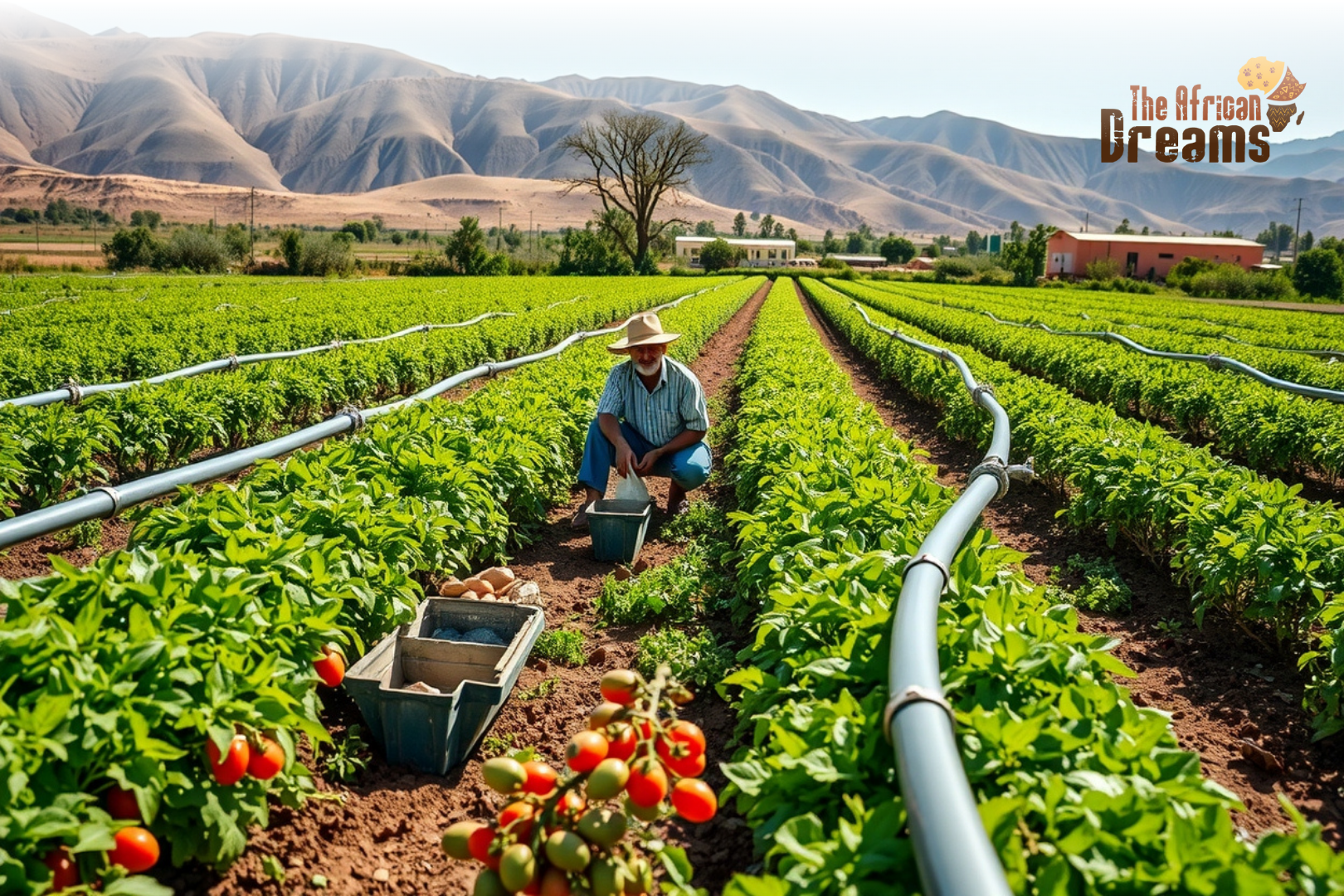 Eritrean farmers tending to fruit and vegetable crops with irrigation systems in green fields surrounded by semi-arid hills, representing growth and opportunities in Eritrea’s horticulture sector Eritrean farmers tending to fruit and vegetable crops with irrigation systems in green fields surrounded by semi-arid hills, representing growth and opportunities in Eritrea’s horticulture sector