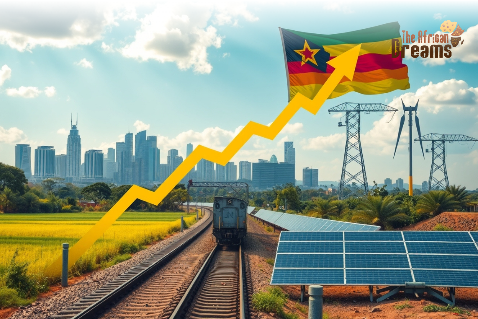 “Harare skyline with symbols of Zimbabwe’s economy, showing mining, agriculture, and renewable energy alongside modern business growth, representing investment opportunities despite economic challenges “Harare skyline with symbols of Zimbabwe’s economy, showing mining, agriculture, and renewable energy alongside modern business growth, representing investment opportunities despite economic challenges