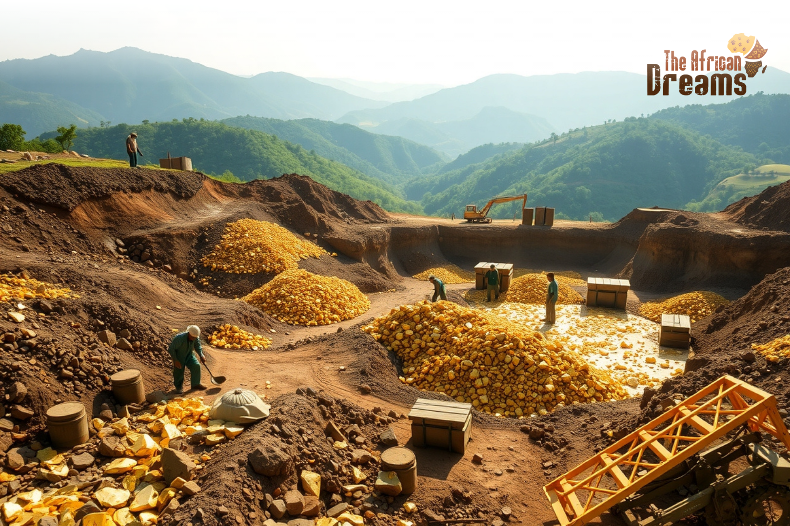 Malawi gold industry Gold miners working in Malawi with open-pit mines and green hills in the background, symbolizing investment opportunities in the country’s gold sector
