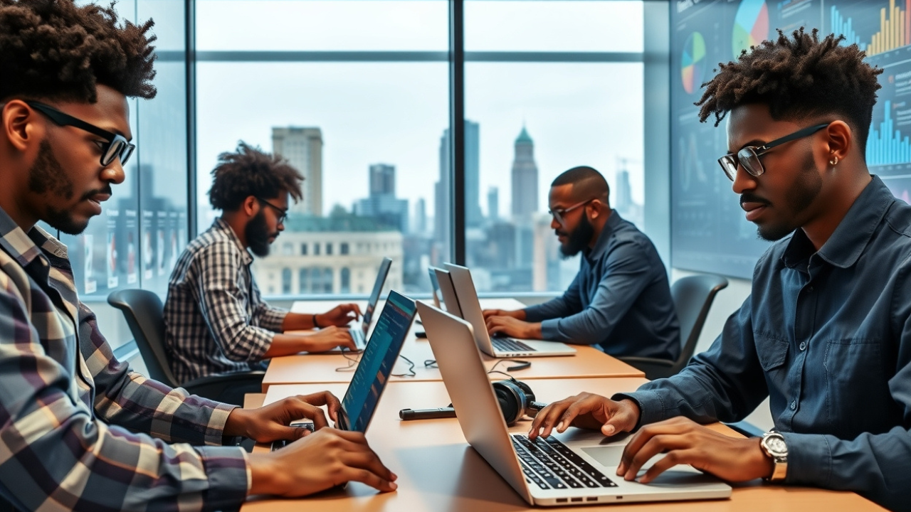 Men working on laptops in a tech-focused office setting, depicting the tech industry Men working on laptops in a tech-focused office setting, depicting the tech industry.<br />