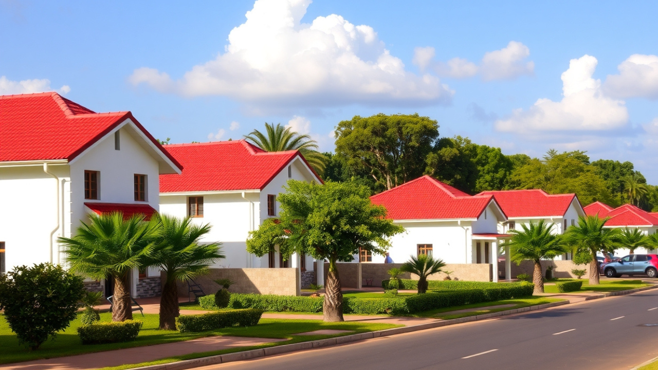 Row of two-story houses with red-tiled roofs depicting the real estate sector in Kenya Row of two-story houses with red-tiled roofs depicting the real estate sector in Kenya.