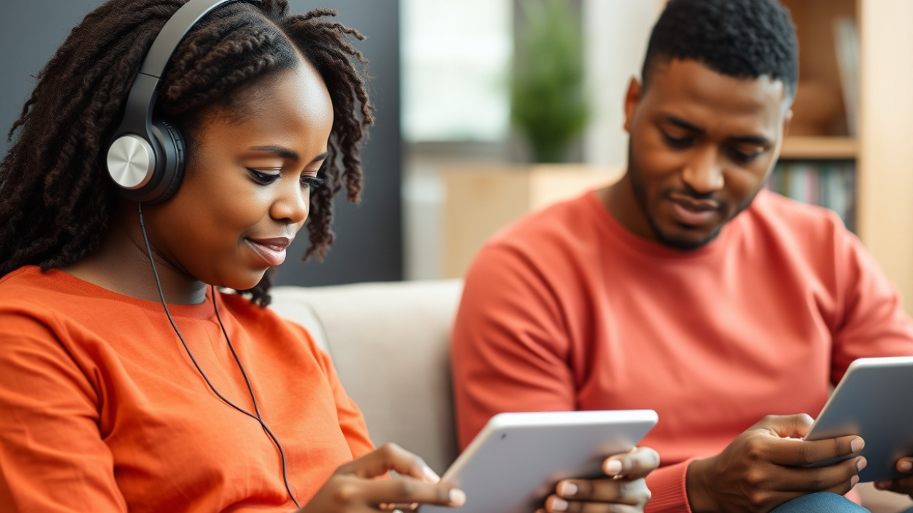 They are both focused on a small, portable electronic tablet, with the screen facing them.