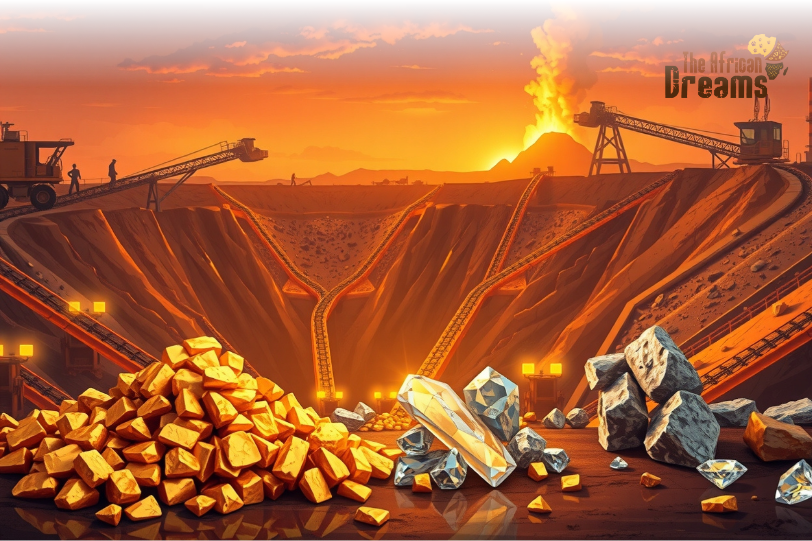Panoramic view of a Zimbabwe mining site with open-pit mines, heavy machinery, and glowing mineral deposits. Gold nuggets, platinum, lithium crystals, and rough diamonds are shown in the foreground, symbolizing Zimbabwe’s rich mineral resources