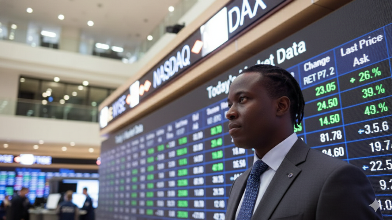 a black man is standing  infront of a stock market dashboard