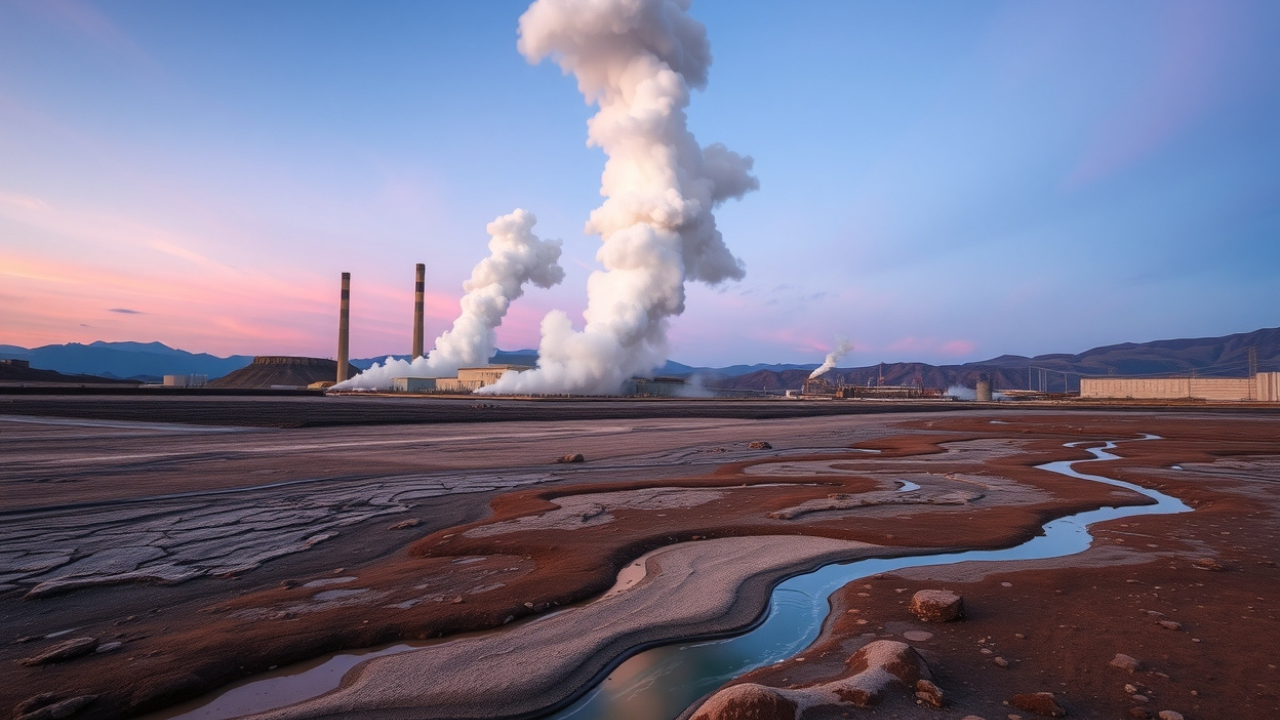 A wide shot of a geothermal power plant emitting large plumes of steam against a twilight sky, with barren, rocky ground in the foreground showing small pools of water and winding streams, and distant hills visible