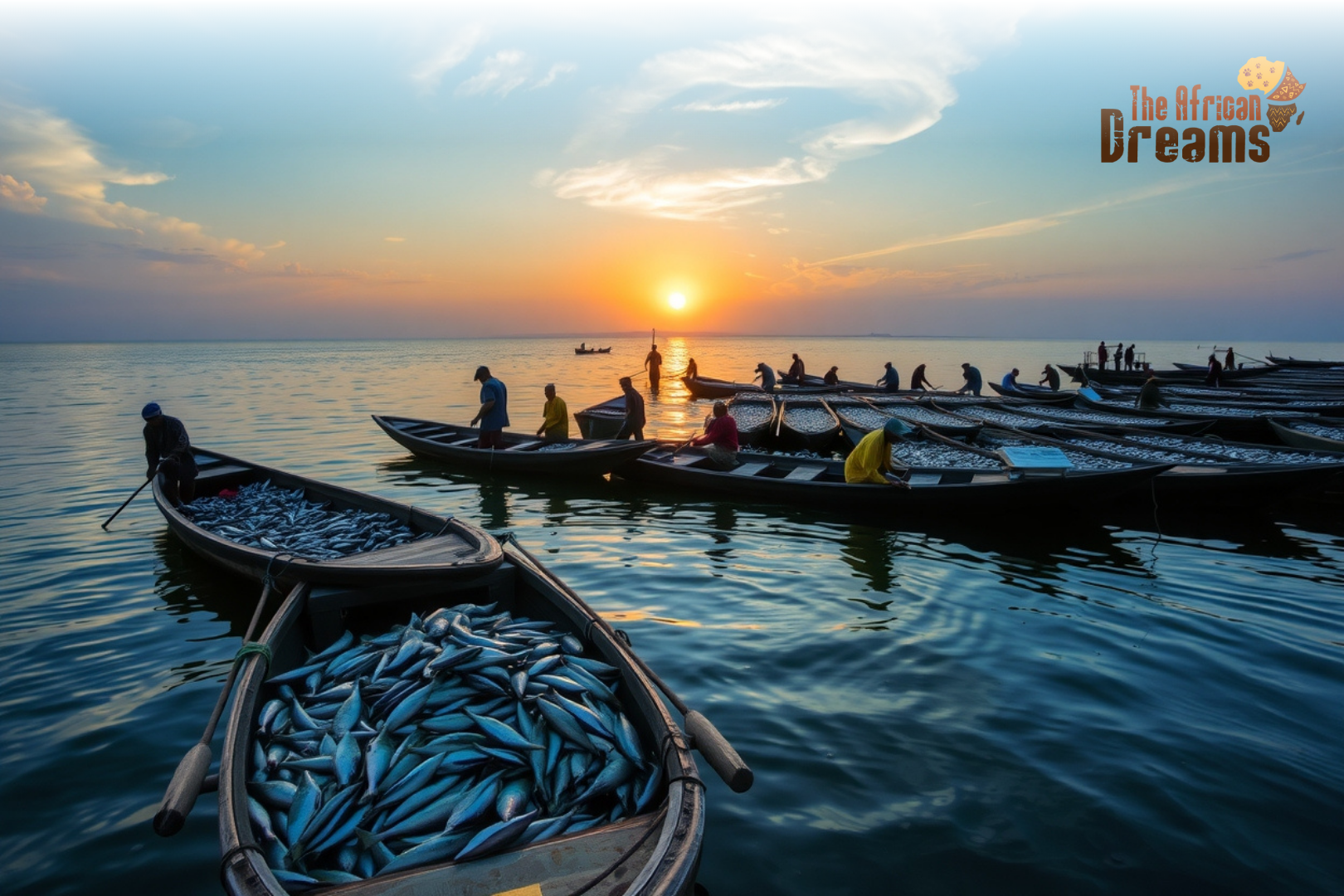 African Dreams Cover Image (55) Fishermen on Lake Victoria in Uganda catching fish near aquaculture ponds and cold storage facilities, showing the balance between traditional fishing and modern sustainable aquaculture.