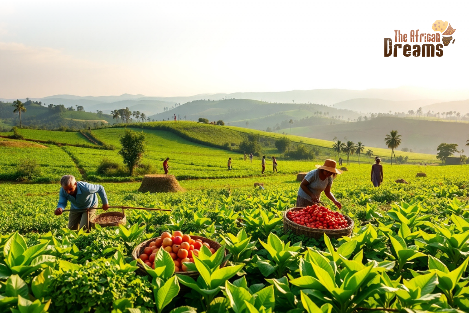 Ugandan farmers working in green organic fields surrounded by hills, showing sustainable agriculture practices and natural beauty.
