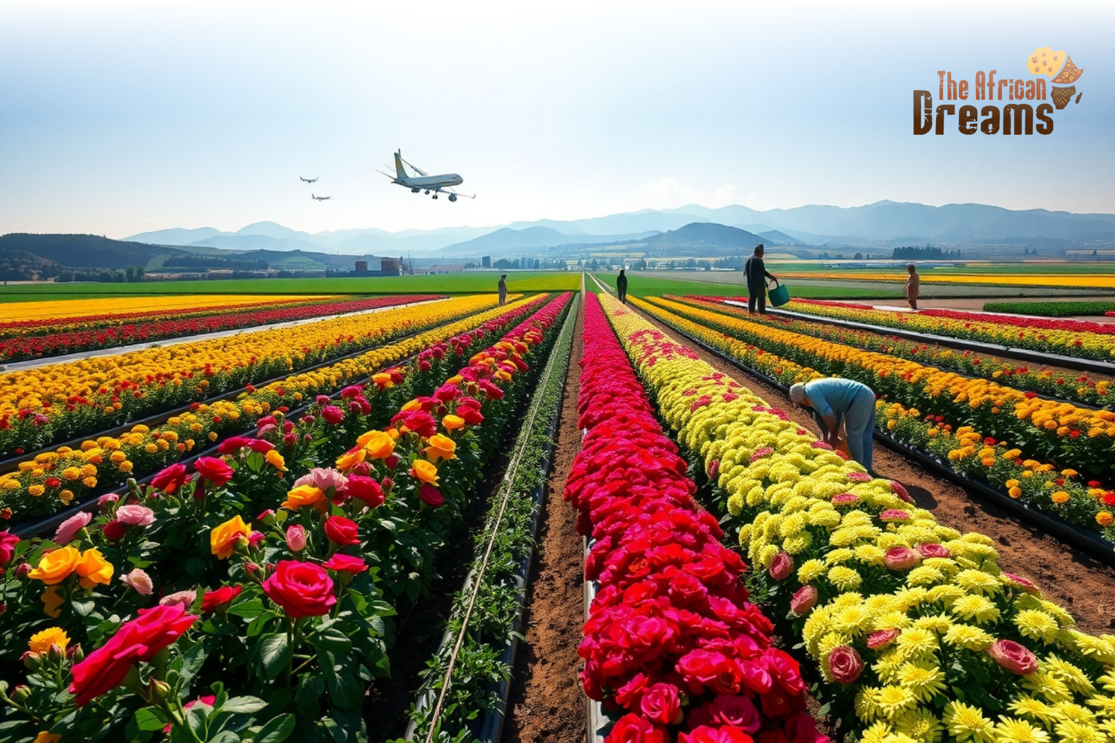 African Dreams Cover Image (58) Workers harvesting roses and carnations in Ethiopia’s Rift Valley flower farms with greenhouses and cargo planes in the distance, showing Ethiopia’s growing floriculture and export industry.