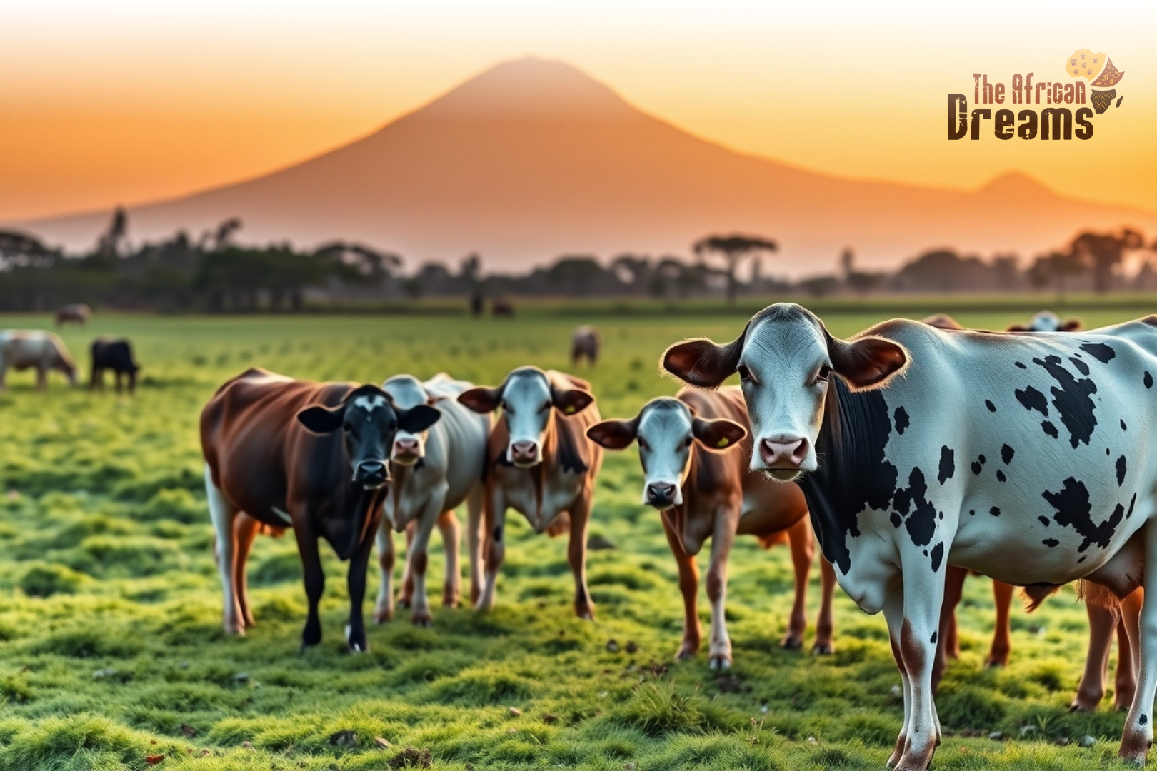 Tanzanian dairy farm with cows grazing under the sunrise near Mount Kilimanjaro, symbolizing investment potential in the country's milk industry.