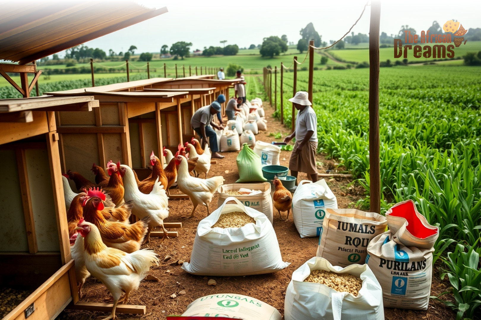 Ugandan farmers working in a poultry farm with chickens and locally produced feed, symbolizing the growth of Uganda’s poultry industry.