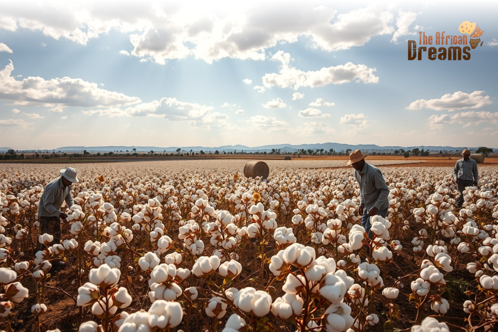 Zimbabwean farmers harvesting cotton in a sunny field with cotton bales and distant rural landscape.