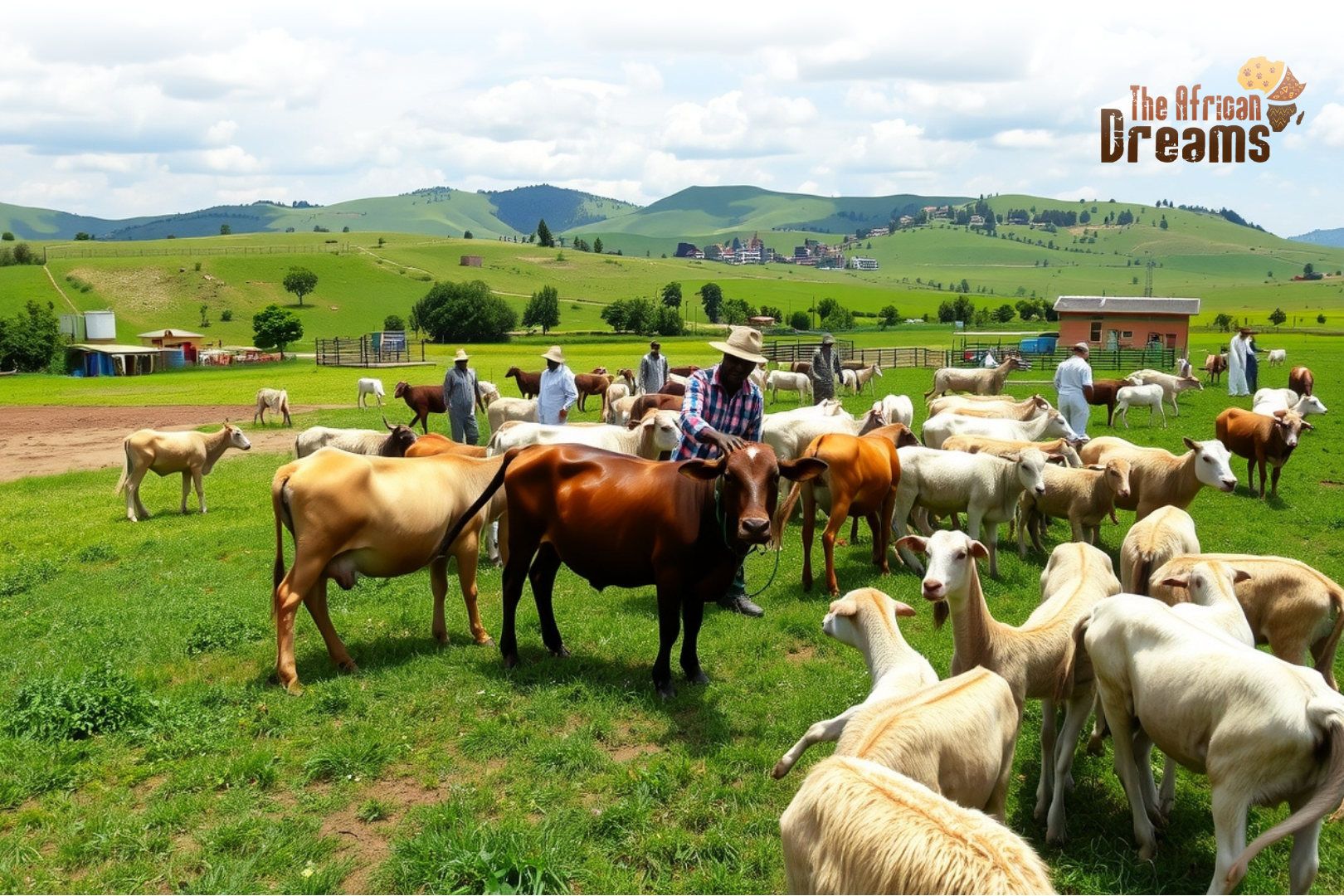 African Dreams Cover Image (63) Cameroonian farmers herding cattle and goats on green pasturelands with water points and veterinary centers nearby, showing sustainable livestock farming and rural development