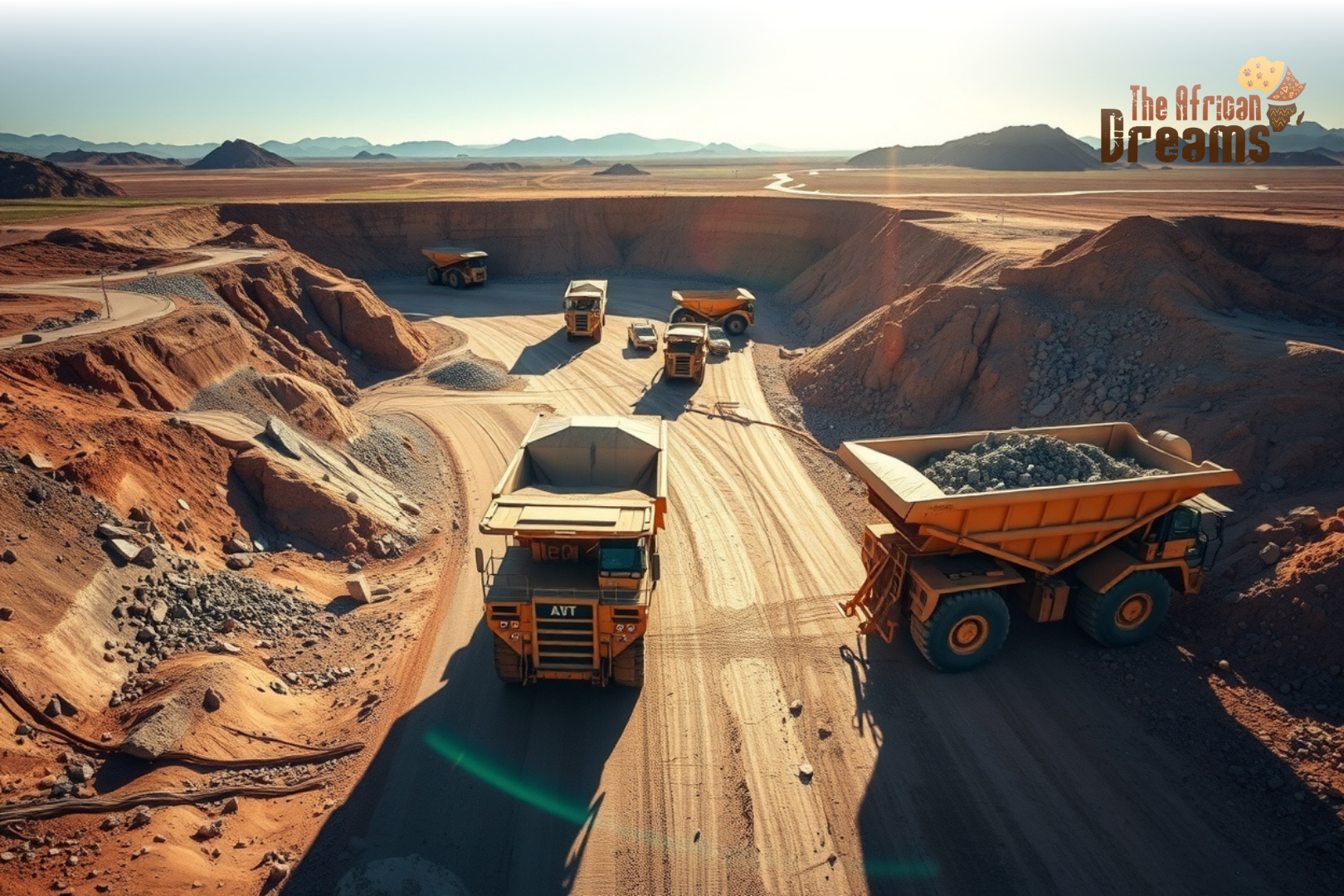 African Dreams Cover Image (64) Large trucks transporting minerals at an open-pit mine in Kenya, symbolizing the country's expanding mining sector
