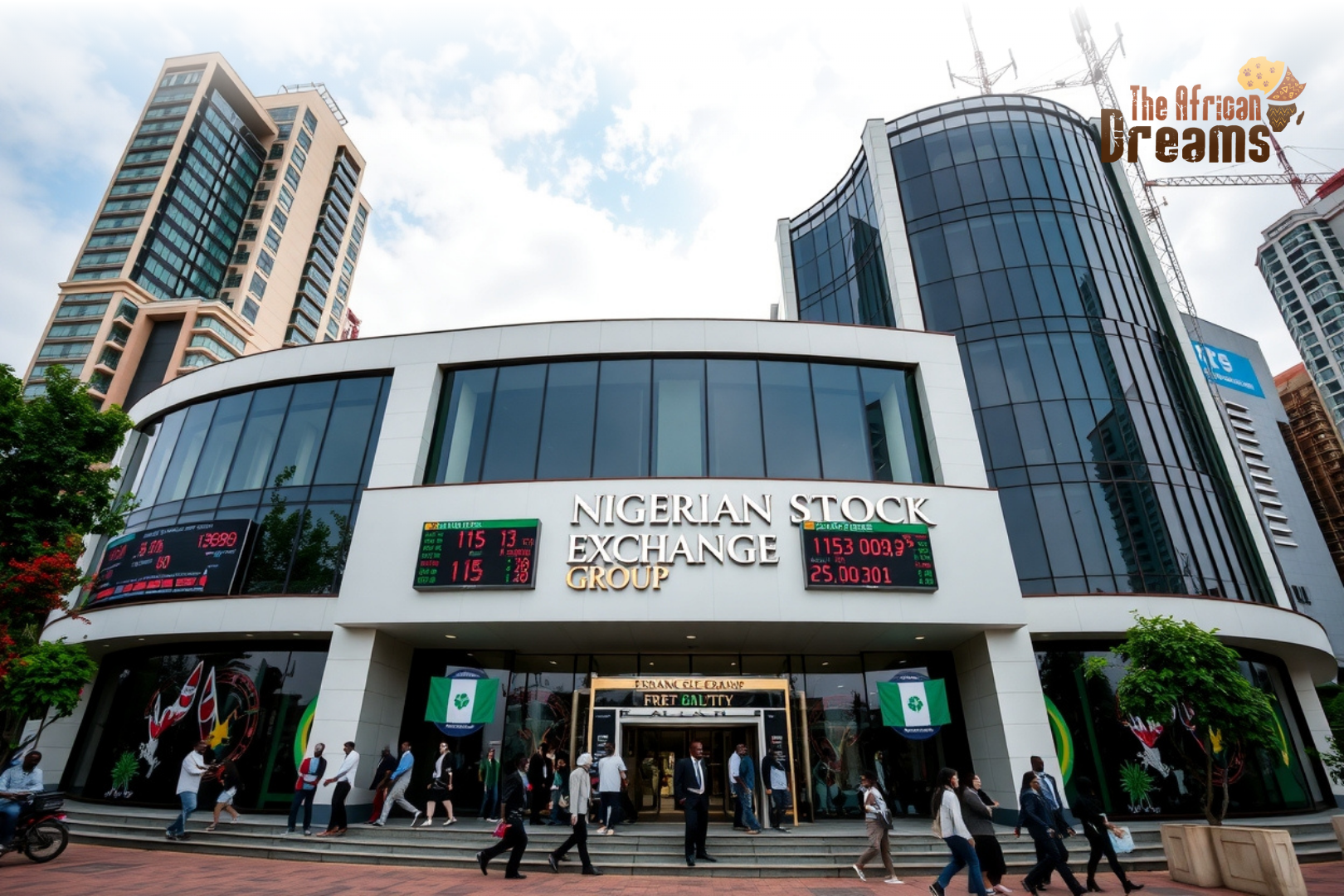 Entrance of the Nigerian Stock Exchange building in Lagos with people walking by and stock tickers displaying market data, symbolizing Nigeria’s growing investment and financial market