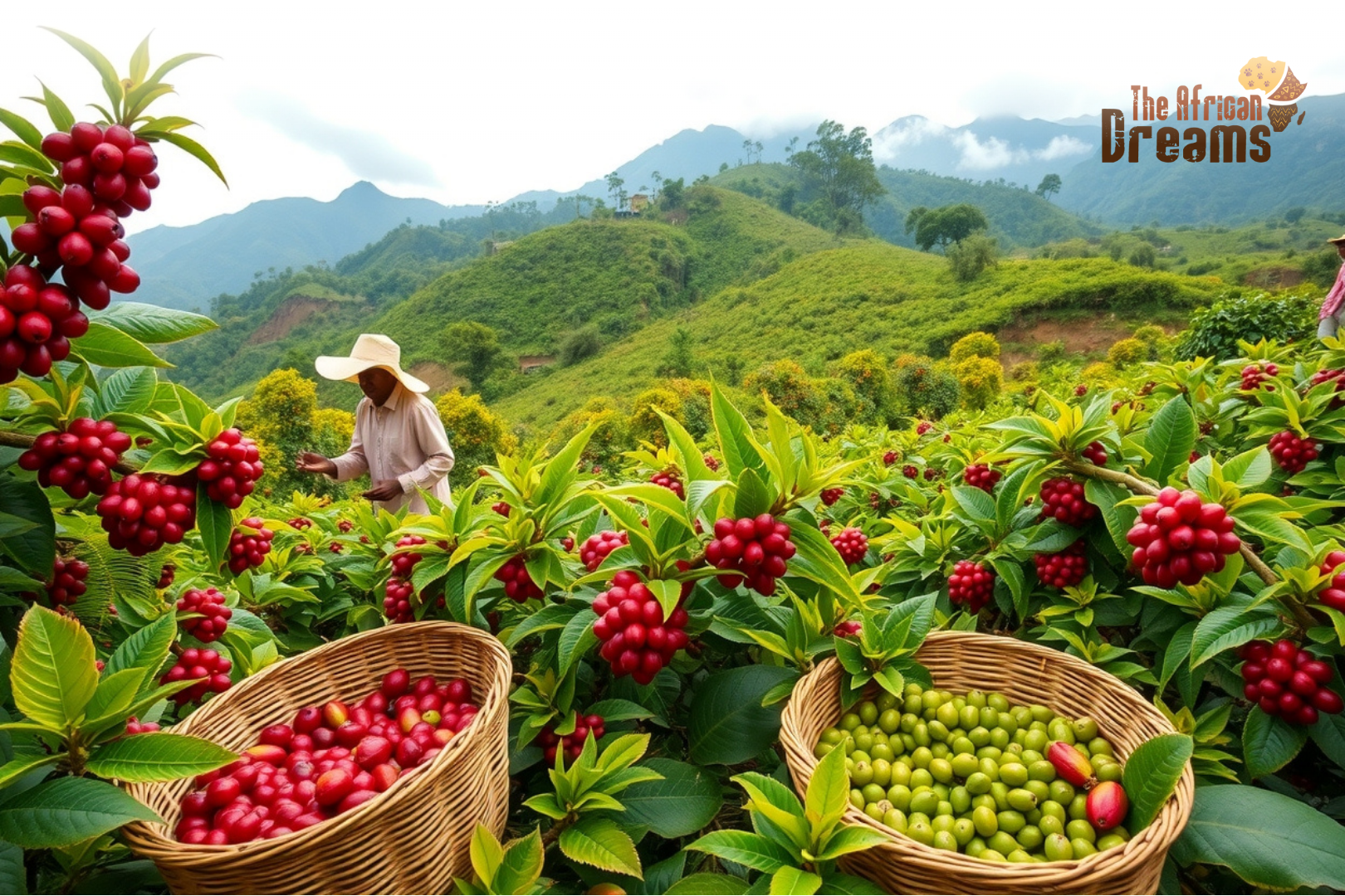 African Dreams Cover Image (67) Cameroonian farmers harvesting ripe coffee cherries on a green hillside with baskets full of beans, representing Cameroon’s growing and sustainable coffee industry