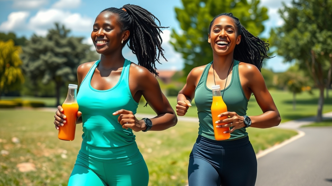 An illustration of 2 health-conscious African women with bottles of juice in their hands