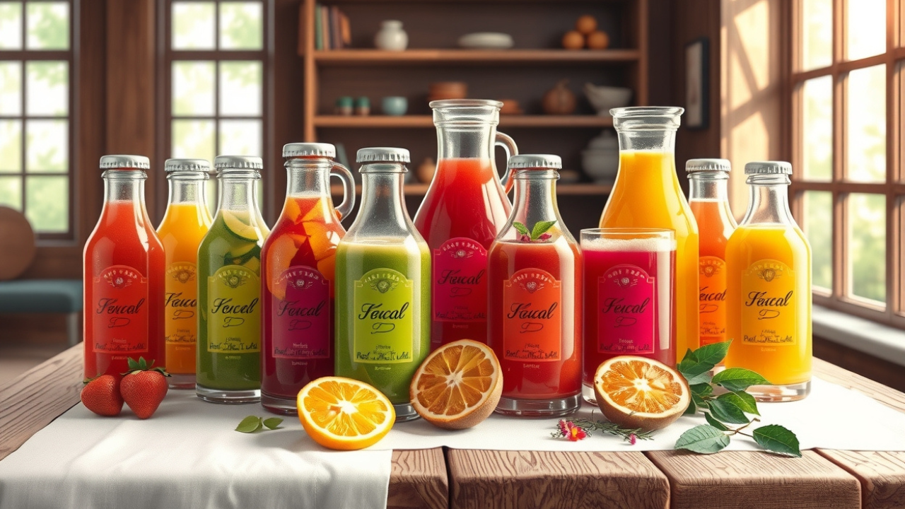 An illustration of fruit juices on a table