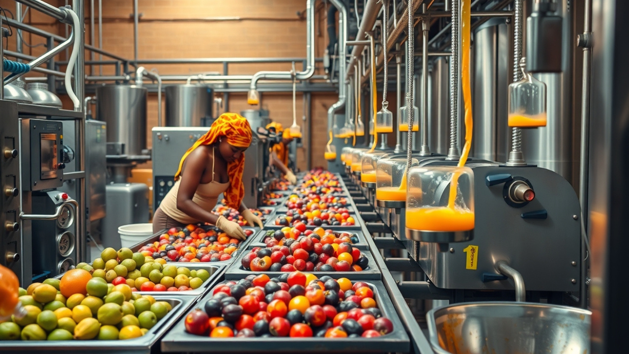 An illustration of the processing of juices at the factories