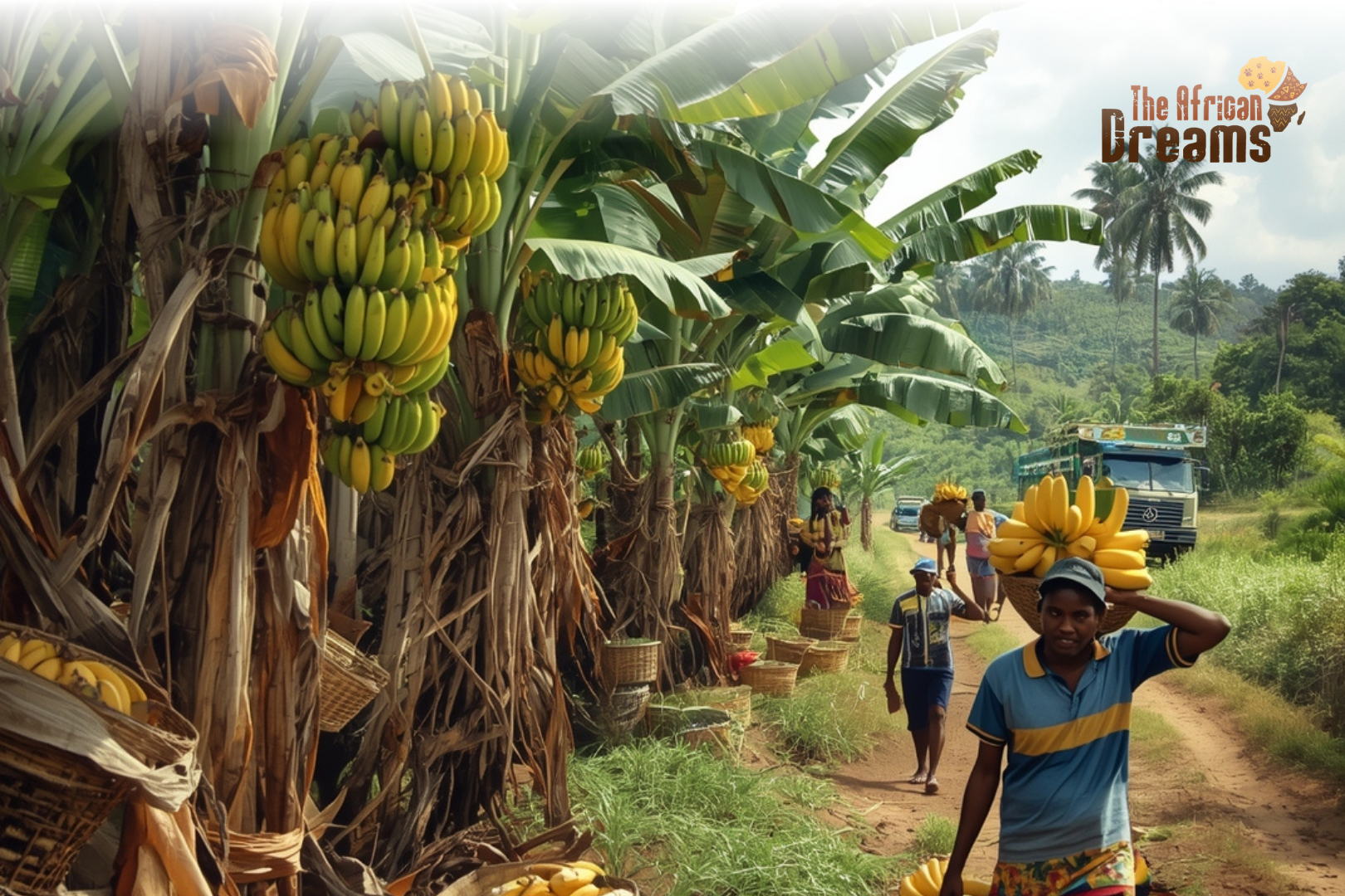 Congo_Banana_Cultivation_Realistic_Image Congolese farmers harvesting ripe bananas in a green plantation, representing sustainable agriculture and export growth in Congo’s banana industry.