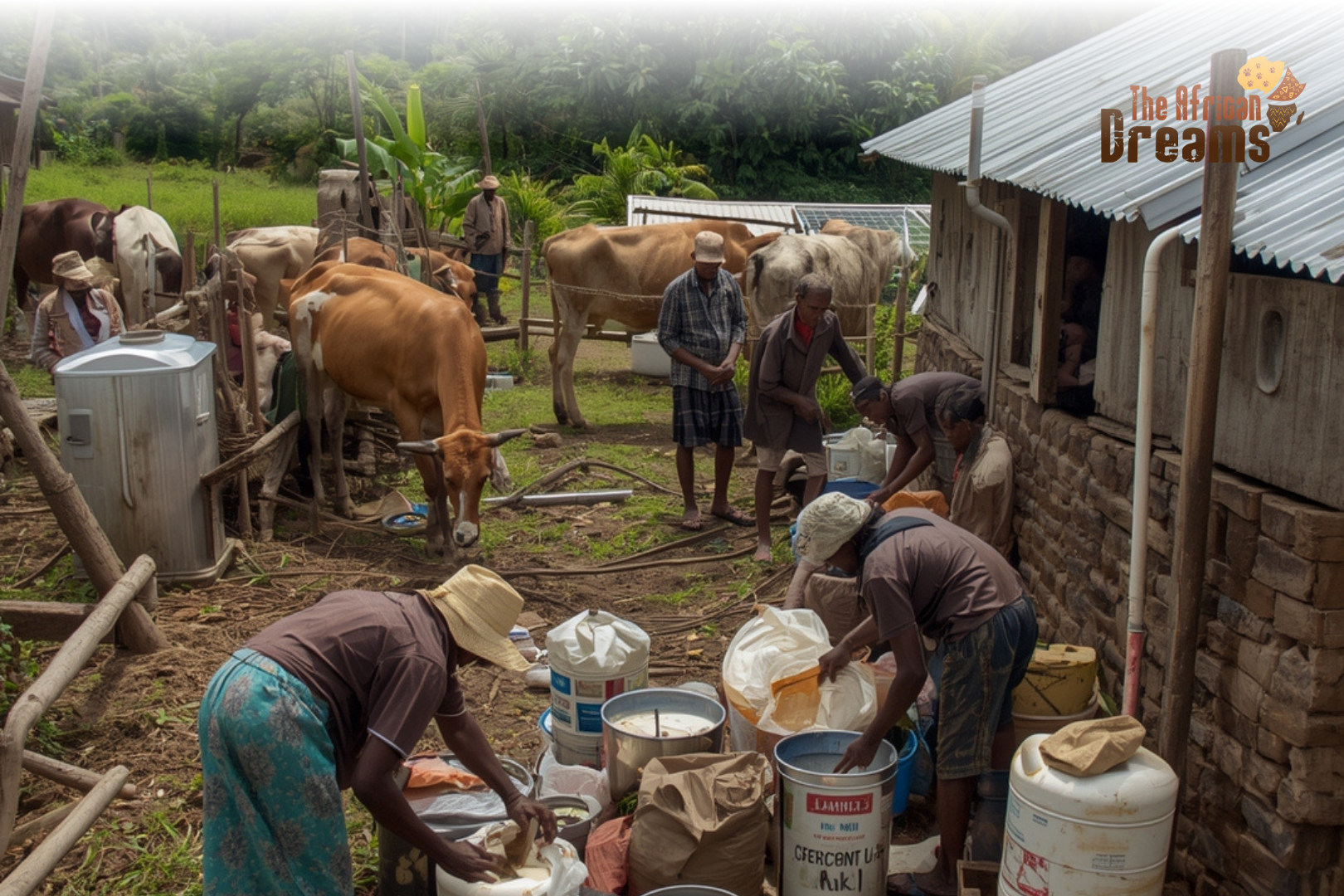 Congo_Dairy_Industry_Growth Congolese dairy farmers collecting and processing milk in a rural area, showing progress and community development in the dairy industry.