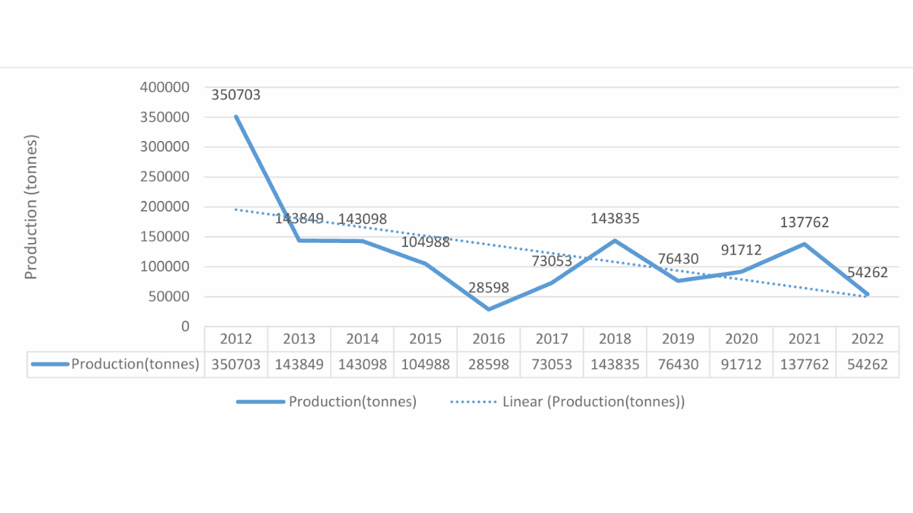 This graph depicts the production of cotton from 2012 to 2022. The real figures of production are shown by the blue solid line, while in general, the dotted line trend indicates an increase or decrease in production over the years.