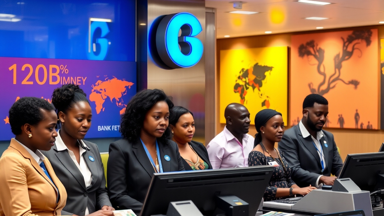 Customers being served at teller counters in a bank in Kenya.