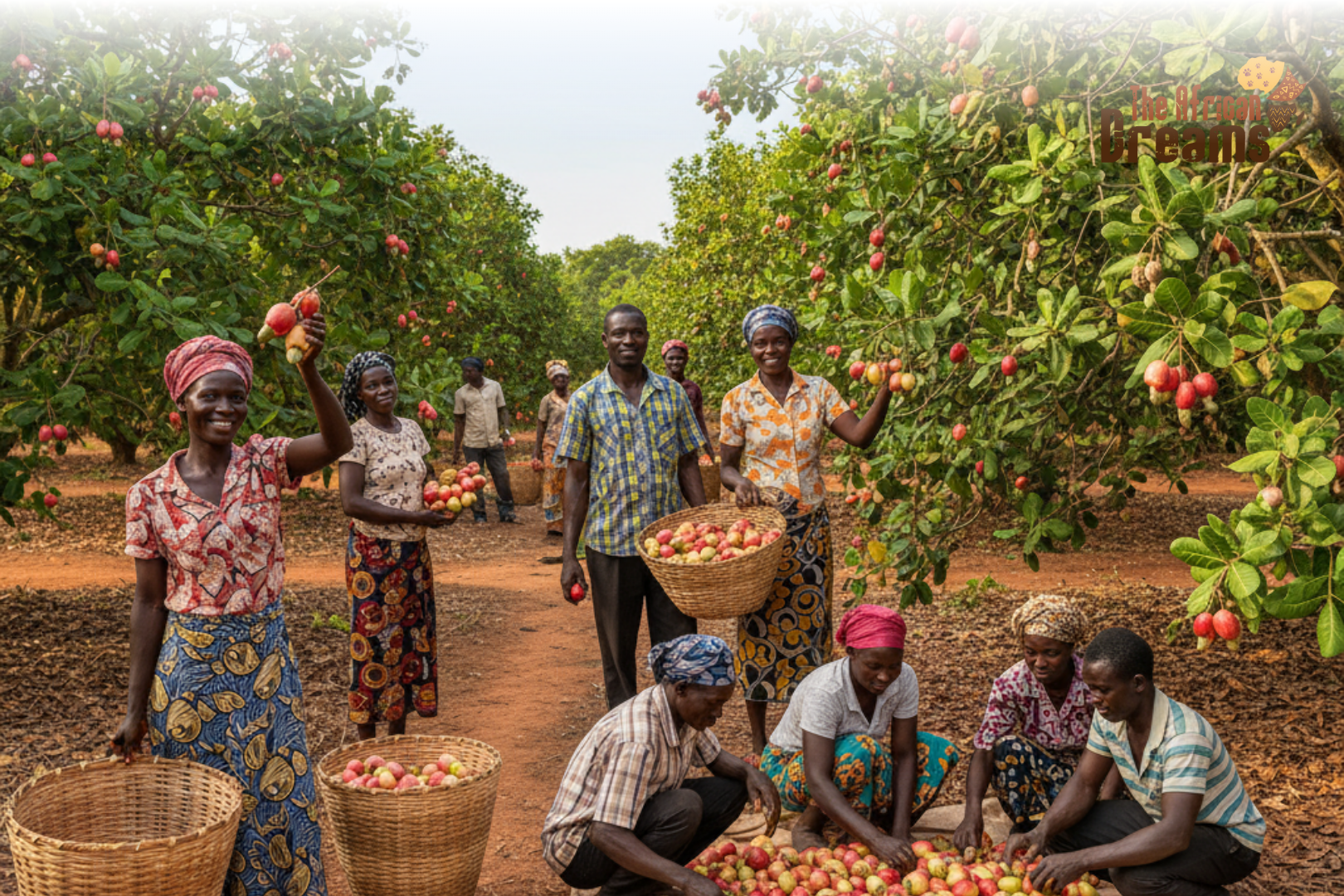 Ghanaian farmers harvesting ripe cashew apples with attached nuts in a green orchard, showcasing Ghana’s thriving cashew industry.