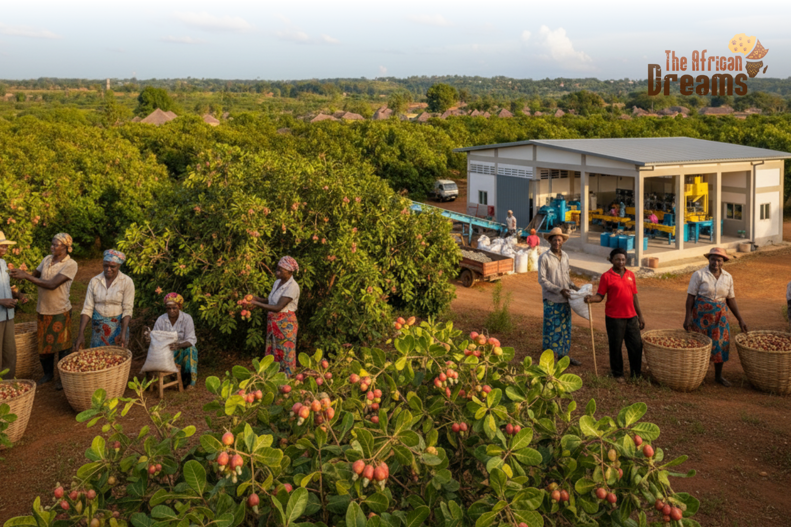 Ghana_Cashew_Industry_Realistic_View Ghanaian farmers harvesting cashew apples with attached nuts in a vibrant orchard, representing growth and opportunity in Ghana’s cashew sector.
