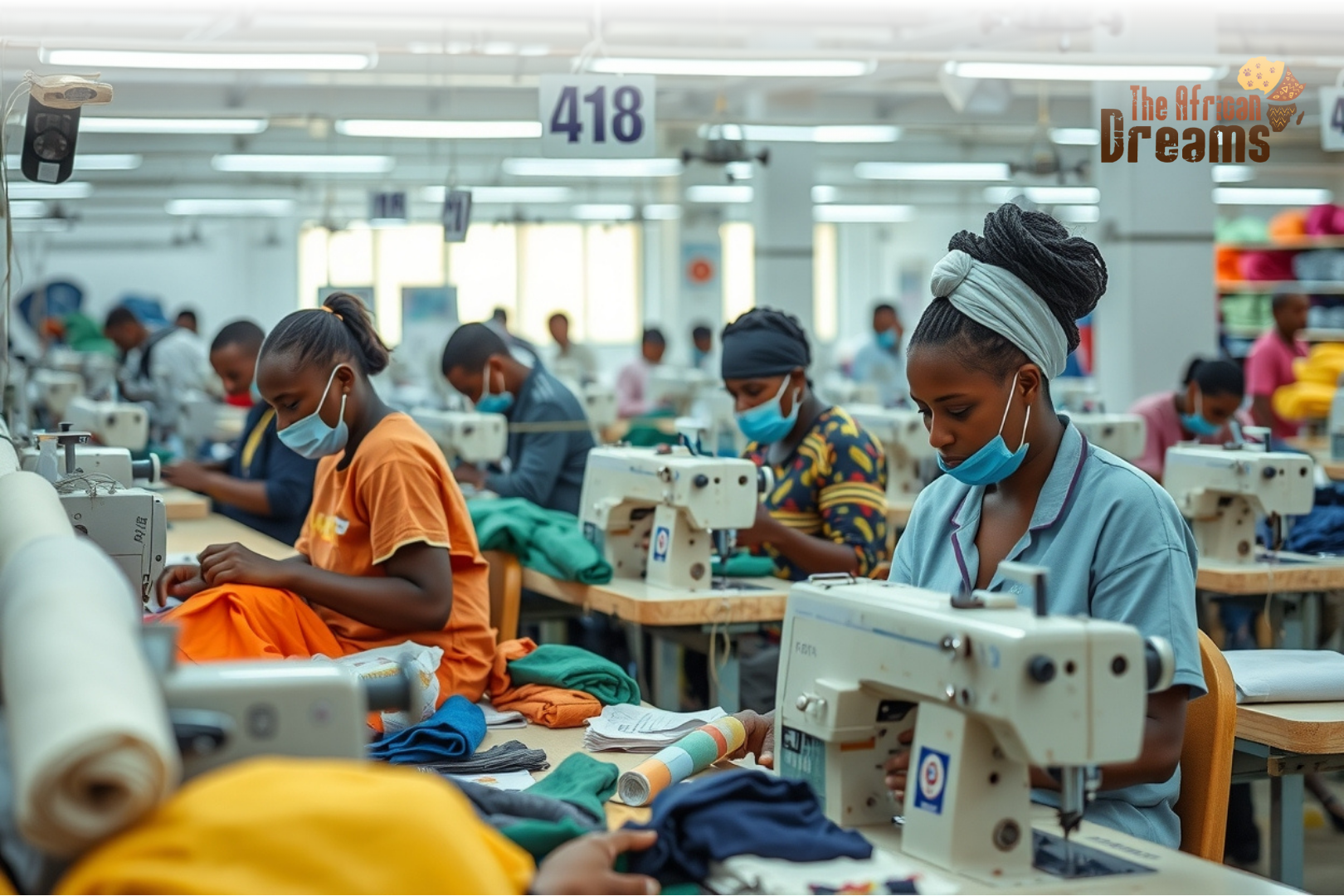 Kenya_Textile_Industry_Realistic_View Workers in a modern Kenyan garment factory sewing colorful fabrics with industrial machines, representing growth in the textile and apparel industry.