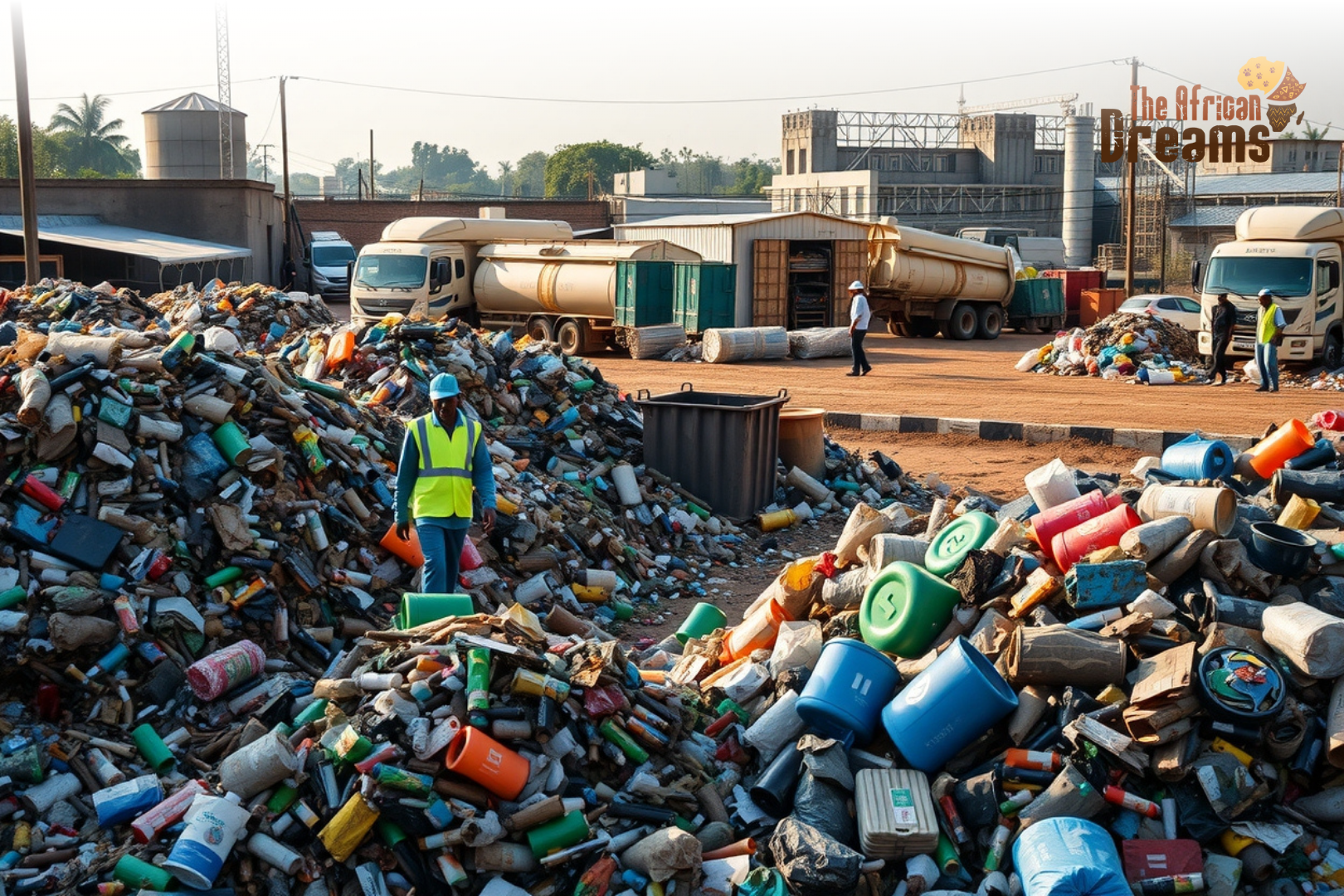 Mozambique_Waste_Management_Realistic_View A realistic view of waste collection and recycling activities in Maputo, Mozambique, showing workers sorting waste near a developing recycling facility.