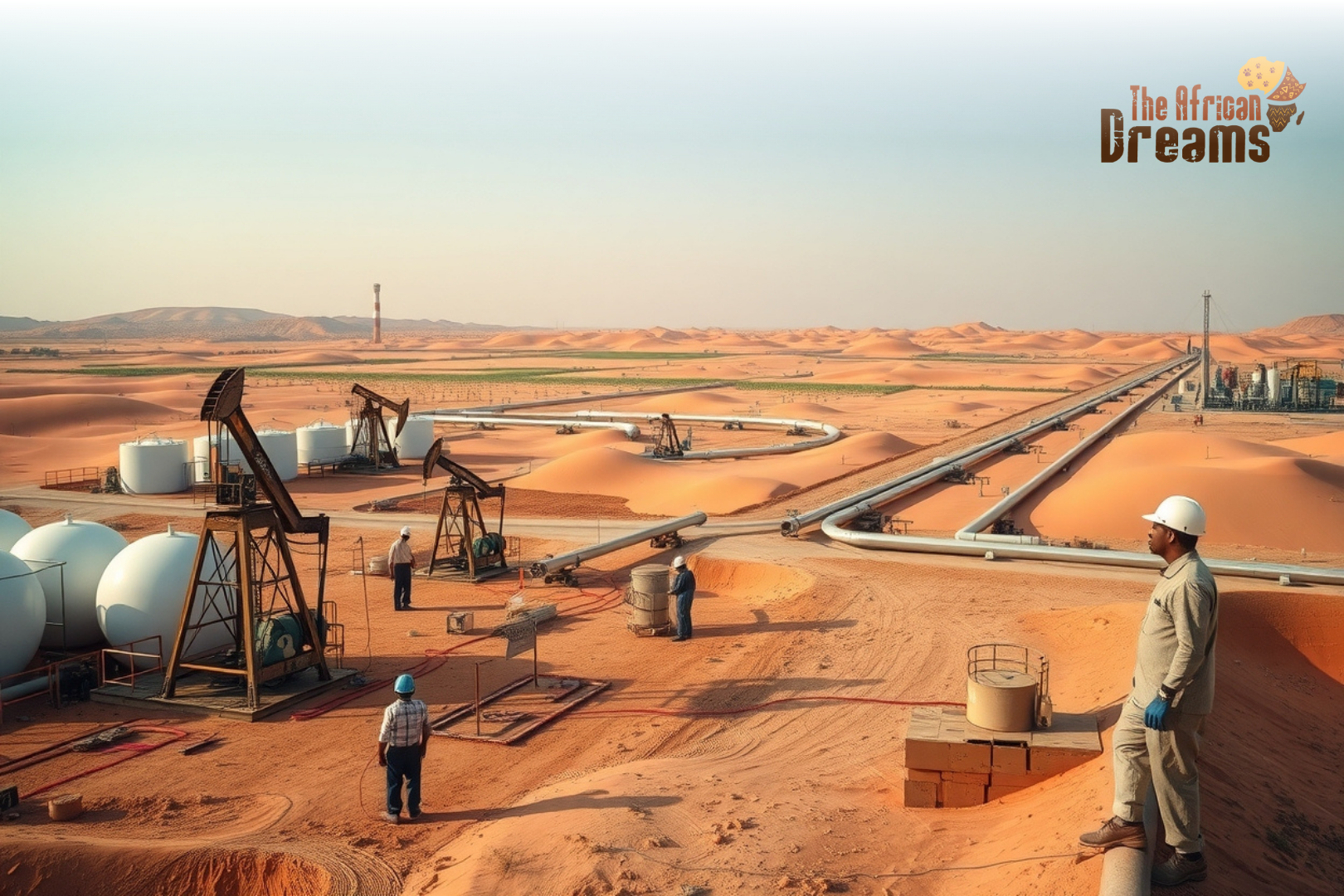 A realistic view of oil production in Sudan showing pump jacks, pipelines, workers and desert landscapes with Chinese-operated facilities.