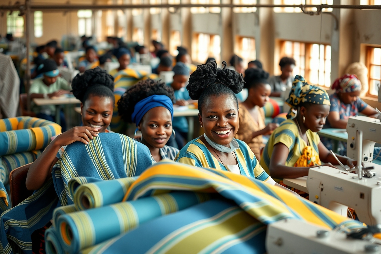 Workers in a textile factory sewing and handling striped fabric.