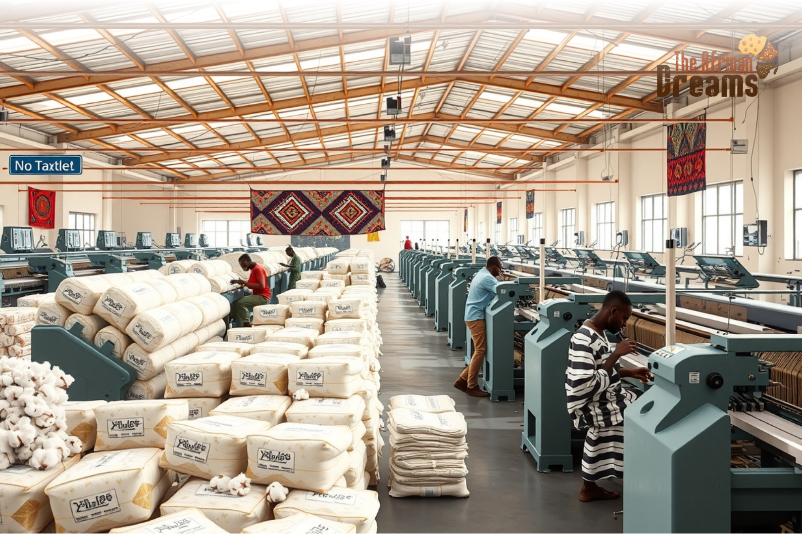 benin-textile-industry-investment A realistic scene of textile production inside Benin’s Glo-Djigbé Industrial Zone, showing workers handling cotton and machinery alongside traditional Beninese fabrics and sustainable energy elements.